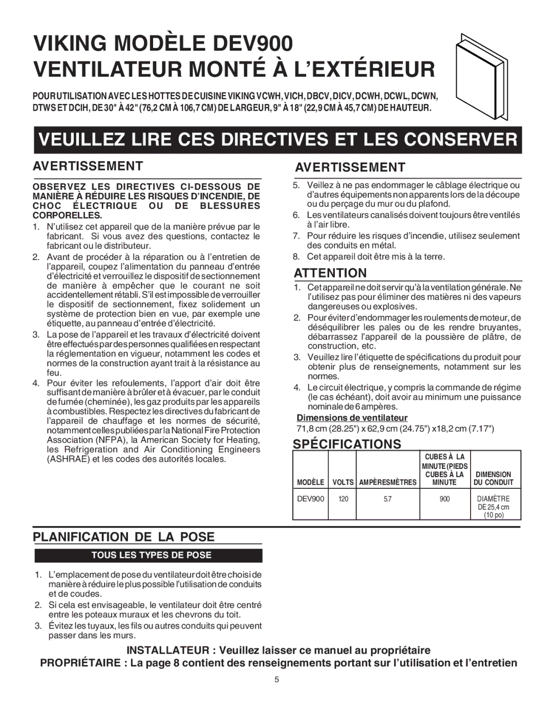 Viking specifications Viking Modèle DEV900 Ventilateur Monté À L’EXTÉRIEUR, Avertissementavertissement, Spécifications 