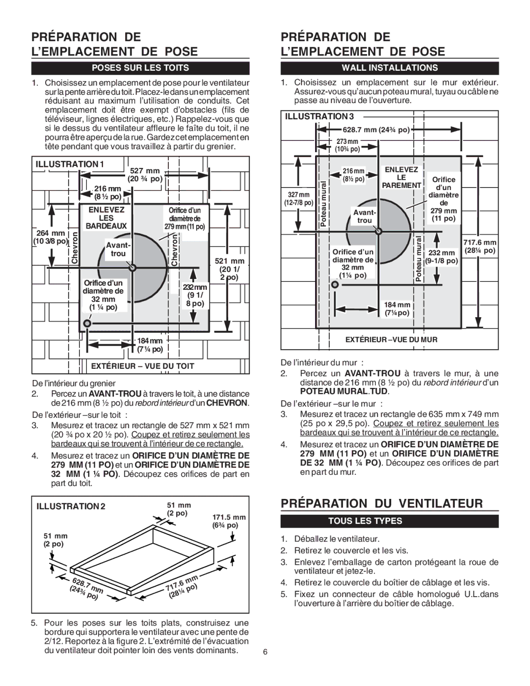 Viking DEV900 specifications Préparation DE L’EMPLACEMENT DE Pose, Préparation DU Ventilateur, Poses SUR LES Toits 