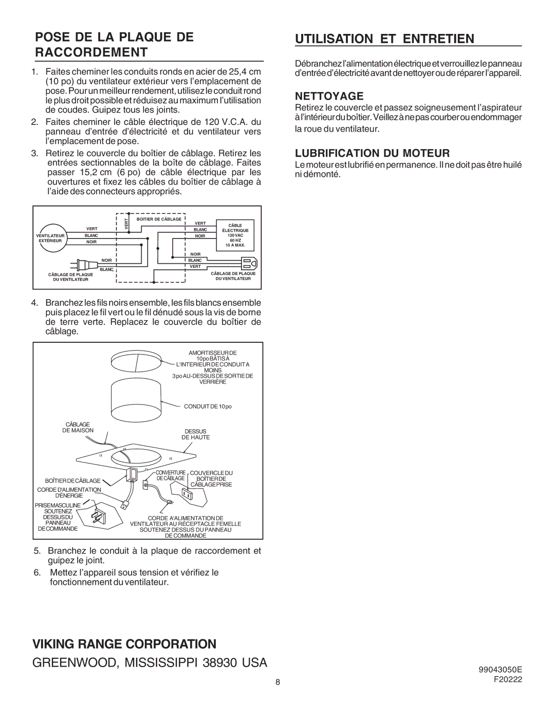 Viking DEV900 Pose DE LA Plaque DE Raccordement, Utilisation ET Entretien, Nettoyage, Lubrification DU Moteur 