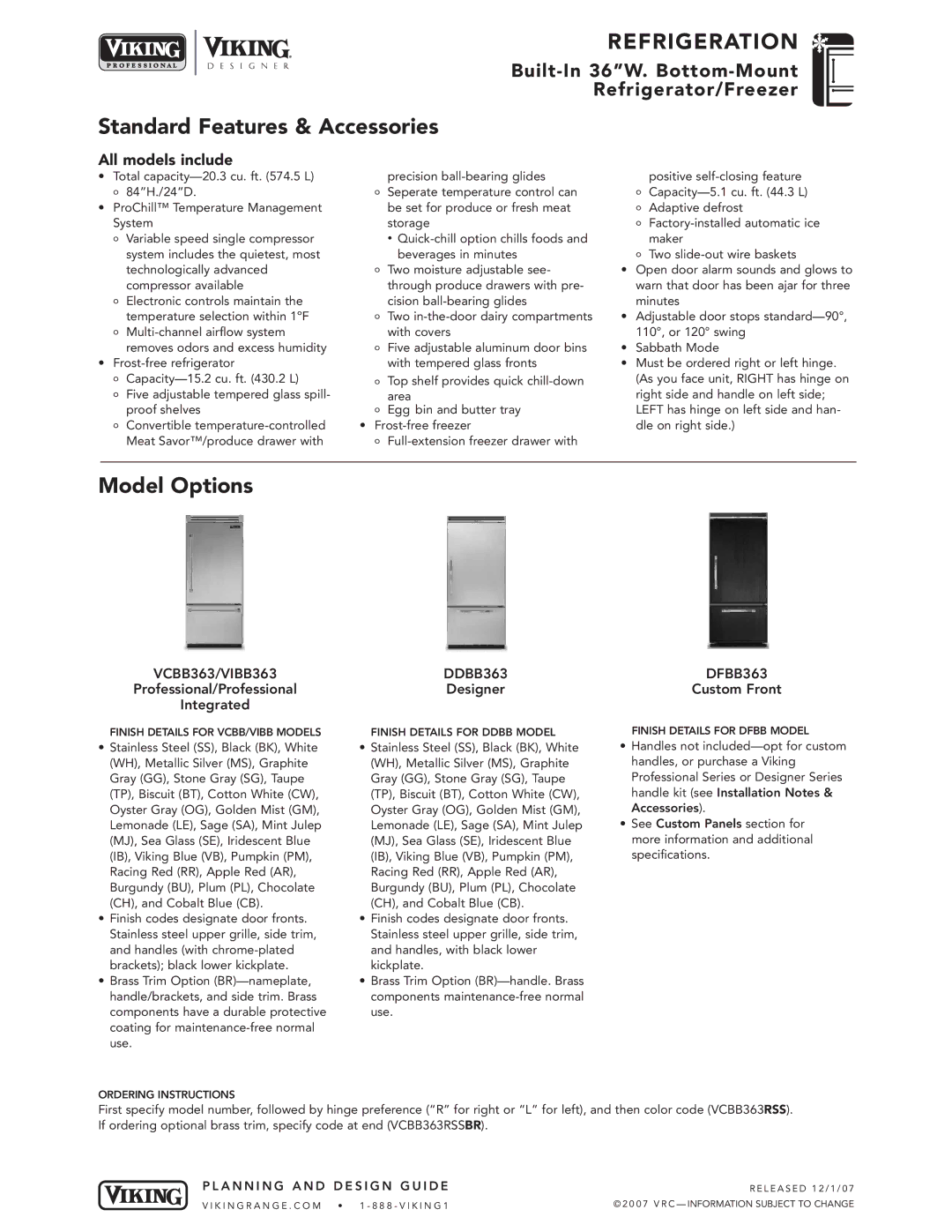 Viking specifications Standard Features & Accessories, Model Options, VCBB363/VIBB363 DDBB363, DFBB363 