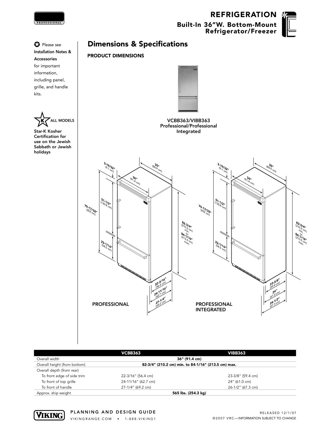 Viking DFBB363, DDBB363 specifications Dimensions & Specifications, VCBB363/VIBB363, VCBB363 VIBB363 