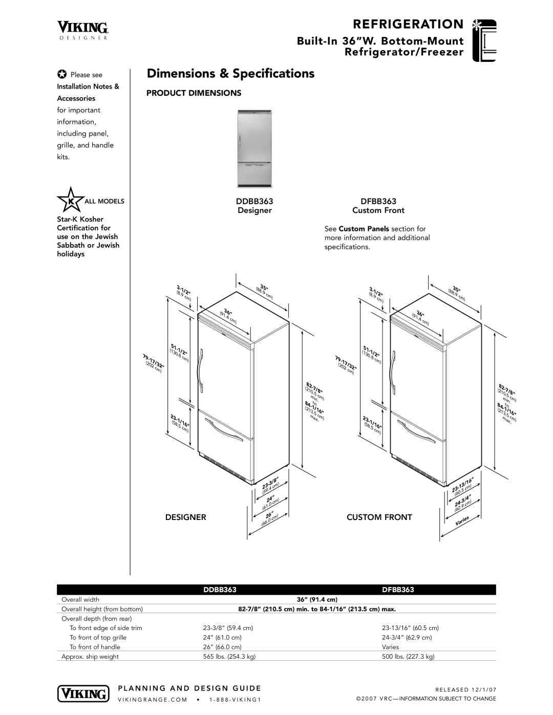 Viking VCBB363, VIBB363 specifications DDBB363 DFBB363, Designer, Custom Front 