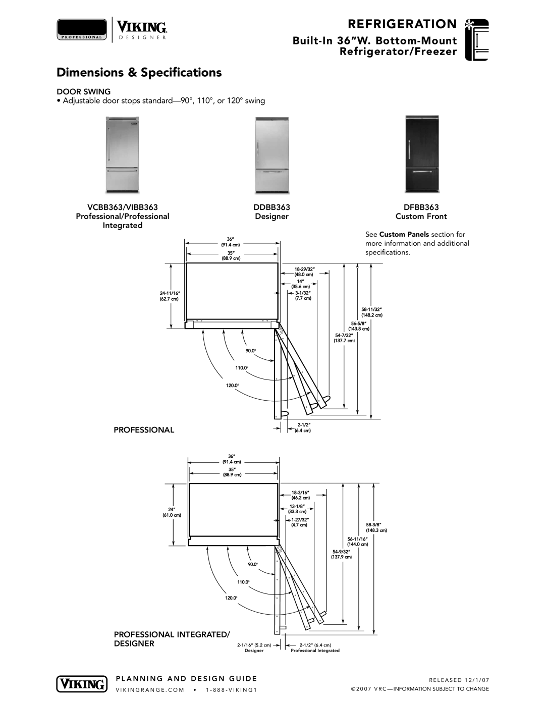 Viking specifications Door Swing, VCBB363/VIBB363 DDBB363 DFBB363, Professional INTEGRATED/ Designer 