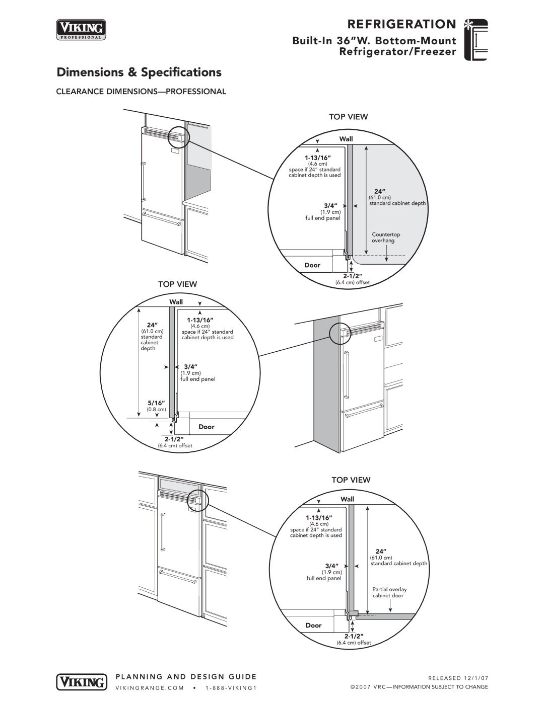 Viking VCBB363, DFBB363, VIBB363, DDBB363 specifications Clearance DIMENSIONS-PROFESSIONAL, TOP View, 13/16 