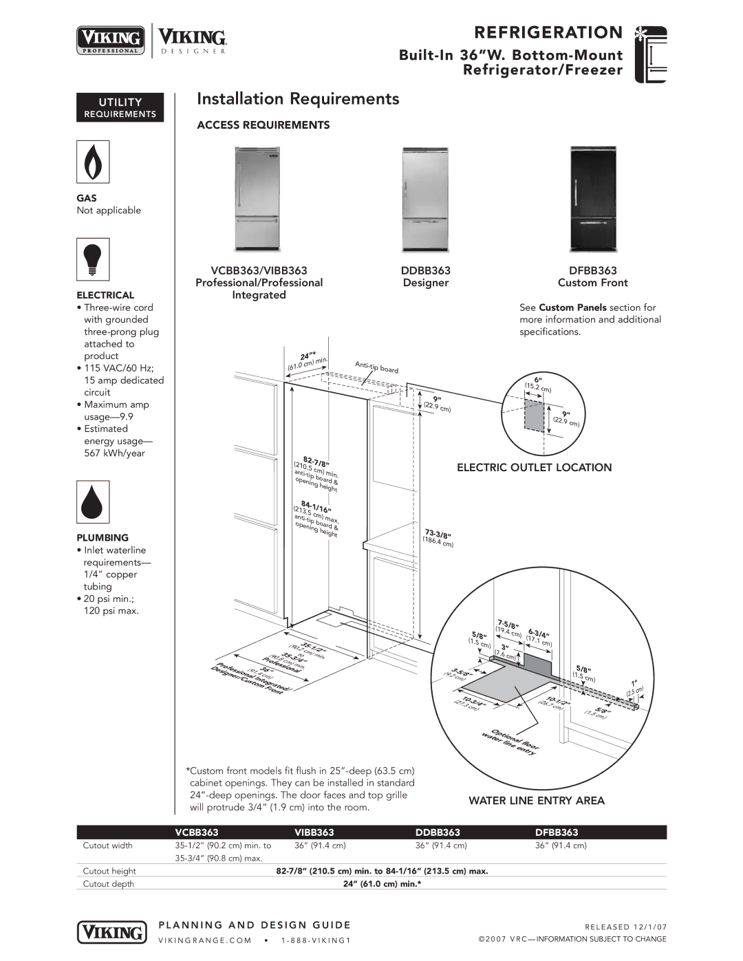 Viking specifications Water Line Entry Area, VCBB363 VIBB363 DDBB363 DFBB363 