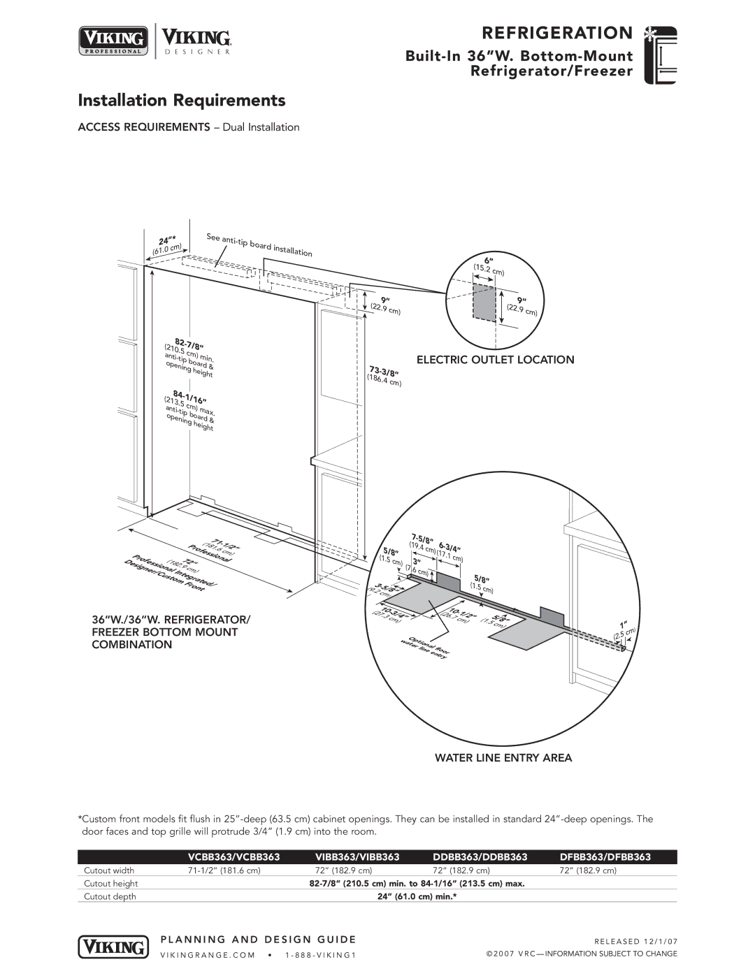 Viking DFBB363, VCBB363, VIBB363, DDBB363 specifications Installation Requirements, Electric Outlet Location 