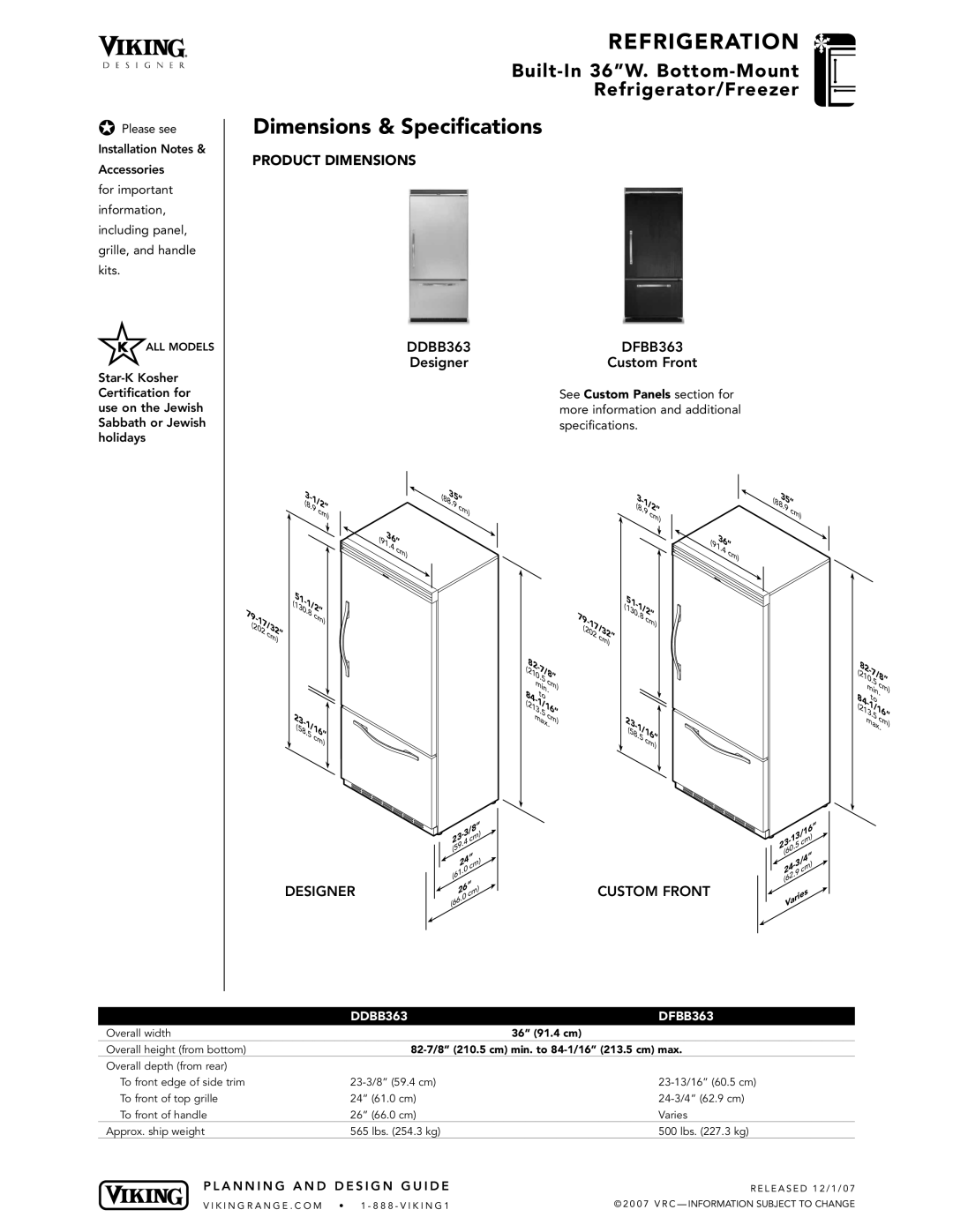 Viking DDBB363 Refrigeration, Dimensions & Specifications, Built-In 36”W. Bottom-Mount Refrigerator/Freezer, 210.7/8” 