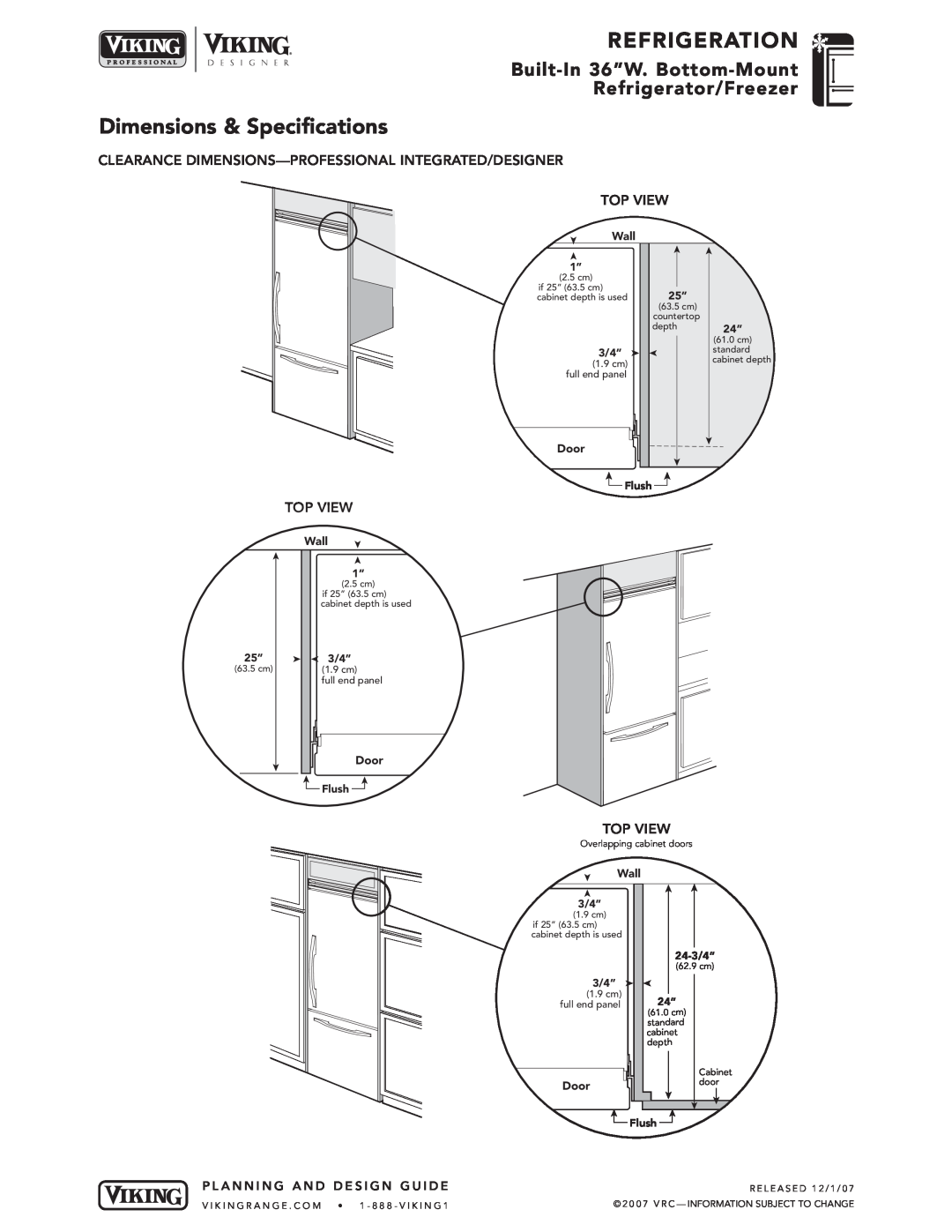 Viking VIBB363 Refrigeration, Dimensions & Specifications, Built-In 36”W. Bottom-Mount Refrigerator/Freezer, Wall, Door 