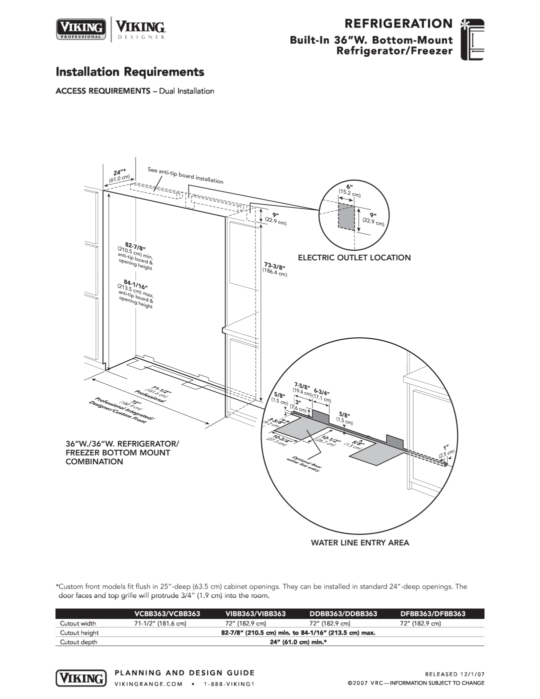 Viking DFBB363 Installation Requirements, Refrigeration, Built-In 36”W. Bottom-Mount Refrigerator/Freezer, 7/8”, 5/8” 