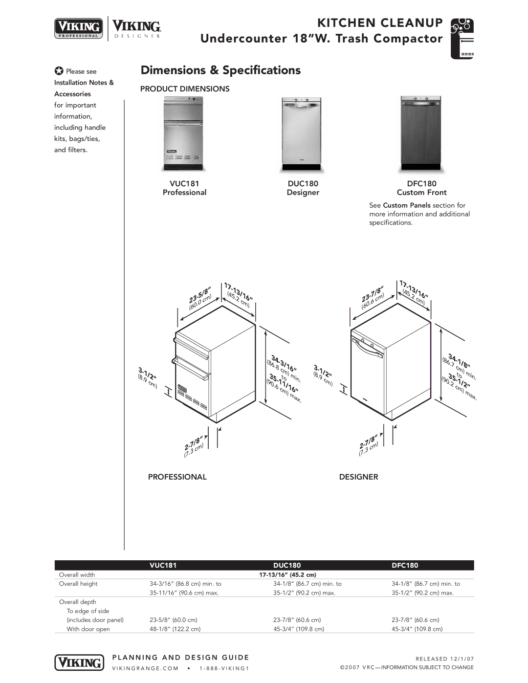 Viking specifications Product Dimensions, VUC181 DUC180 DFC180 