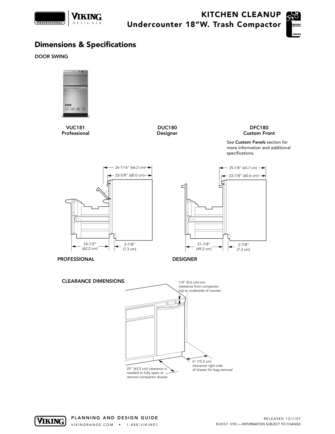 Viking DFC180, VUC181, DUC180 specifications Door Swing, Professional, Designer, Clearance Dimensions 