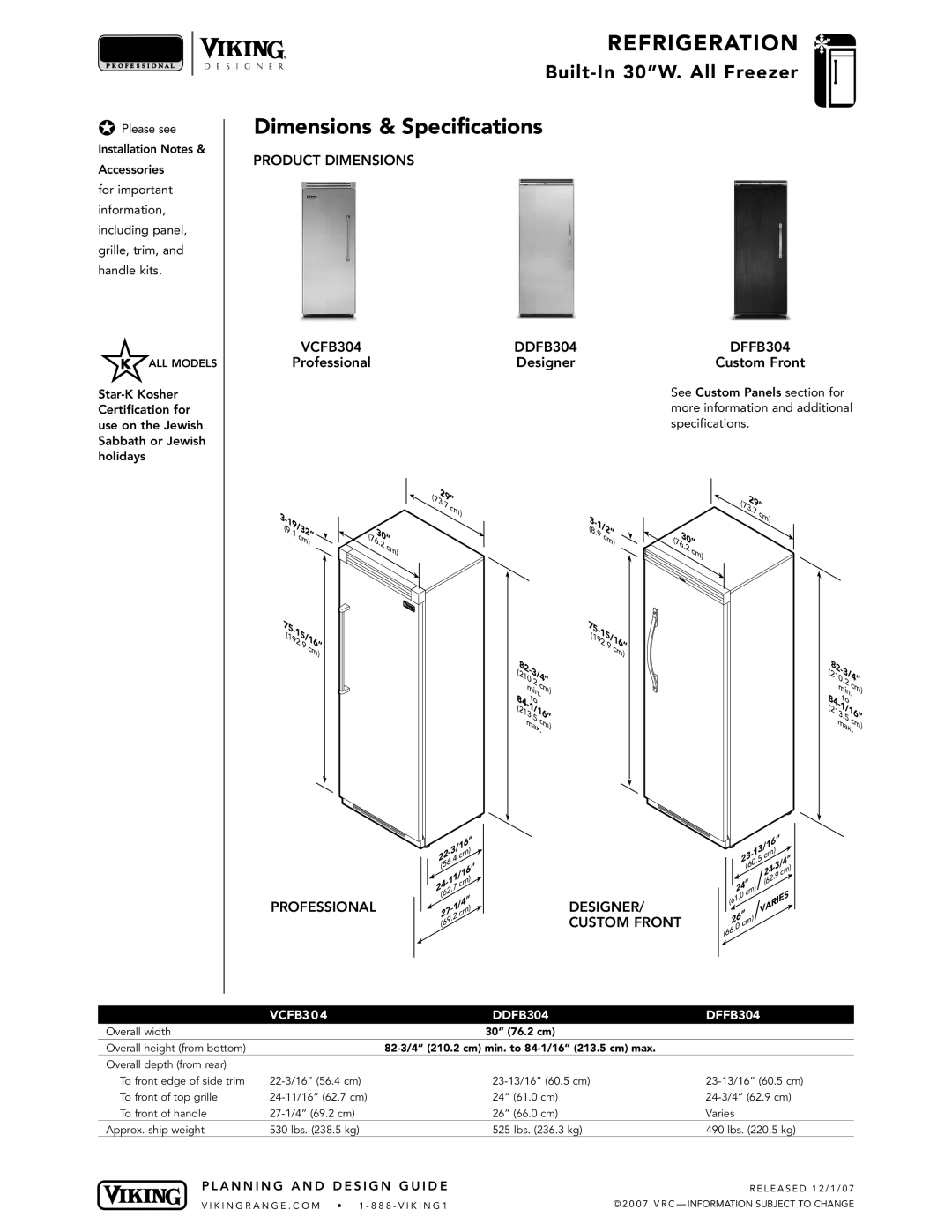 Viking specifications Dimensions & Specifications, Product Dimensions VCFB304 DDFB304 DFFB304, Designer Custom Front 