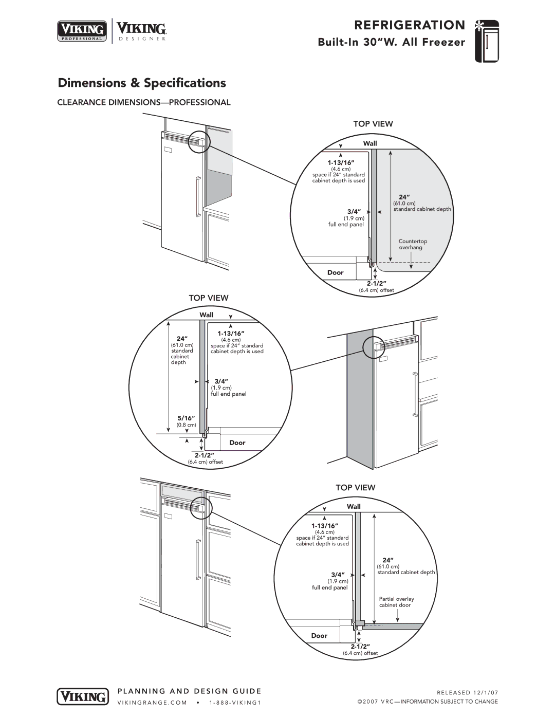 Viking DDFB, DFFB, VCFB specifications Clearance DIMENSIONS-PROFESSIONAL, TOP View 