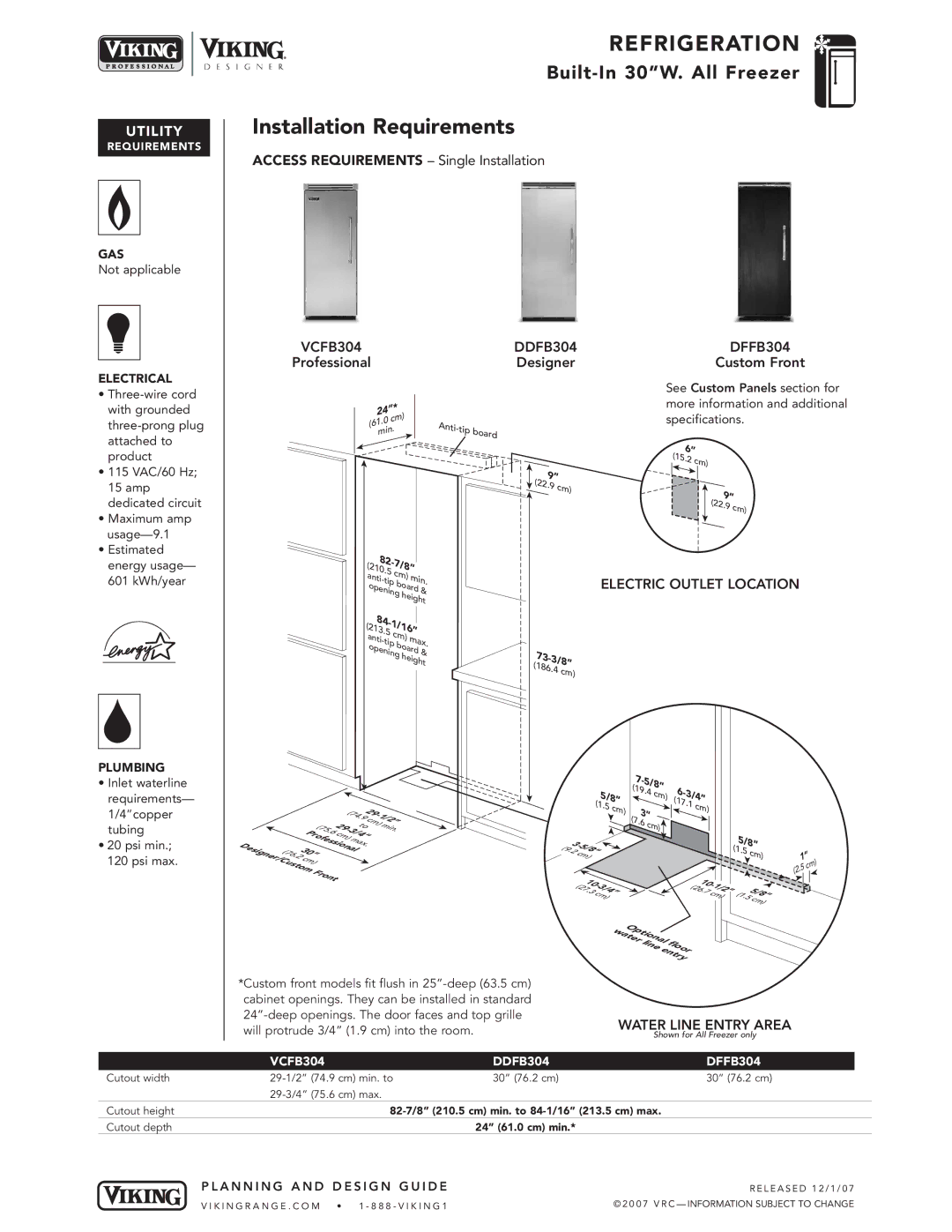 Viking DFFB Installation Requirements, Access Requirements Single Installation, Professional, Electric Outlet Location 