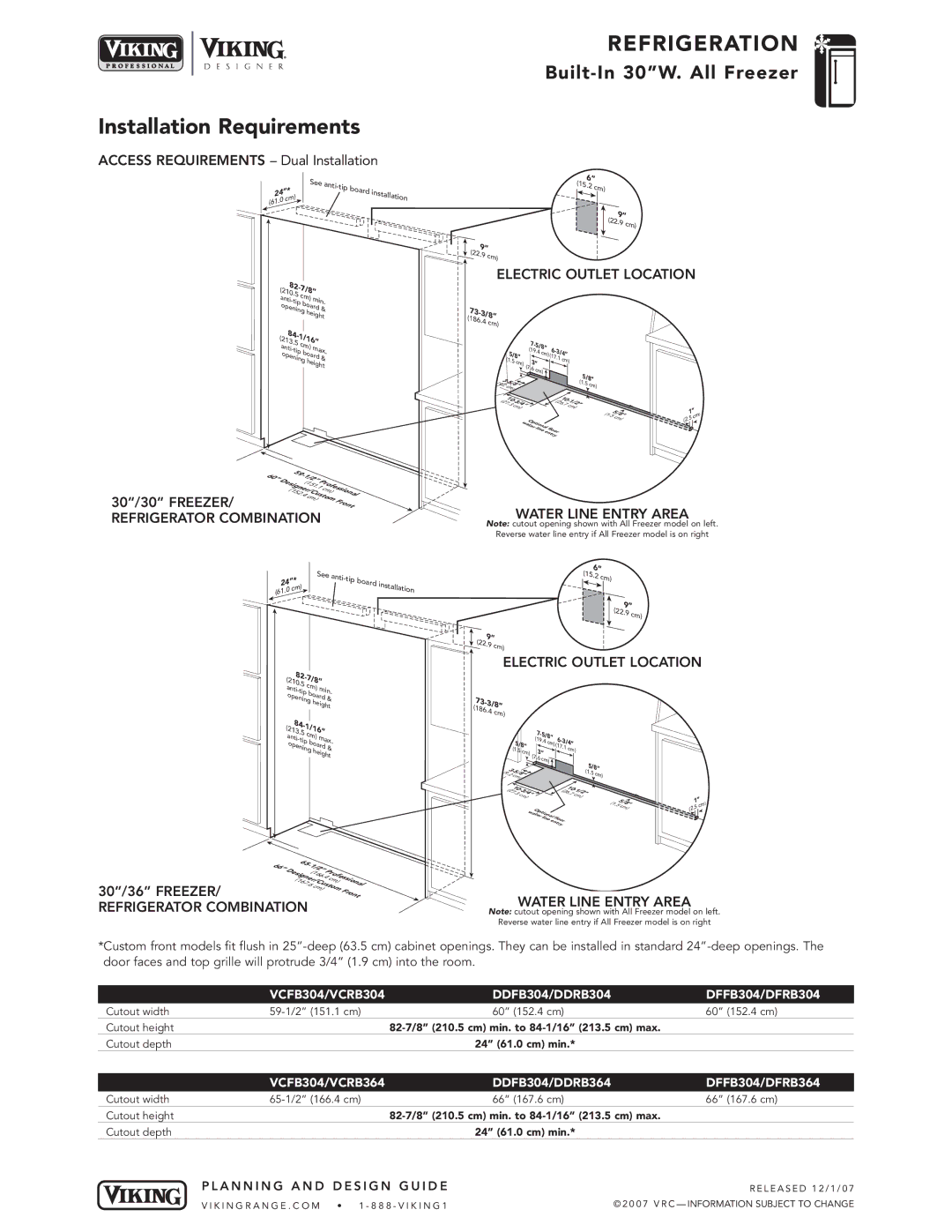 Viking DDFB, DFFB, VCFB specifications Installation Requirements, Refrigerator Combination Water Line Entry Area 