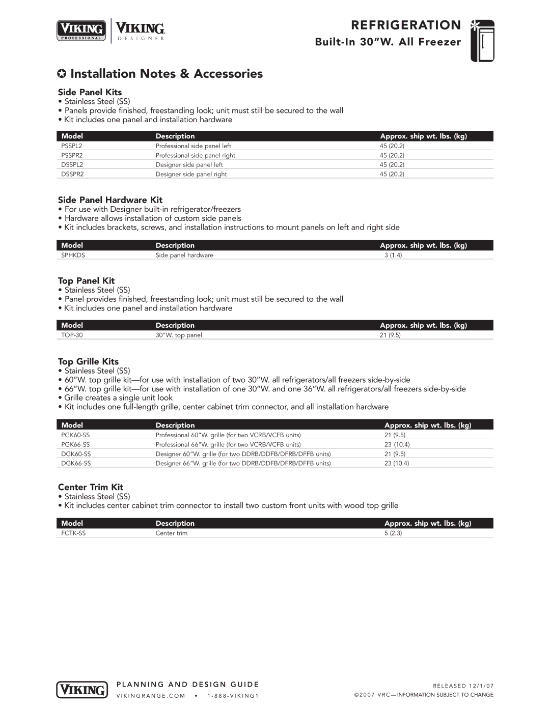 Viking VCFB, DFFB, DDFB specifications Installation Notes & Accessories 