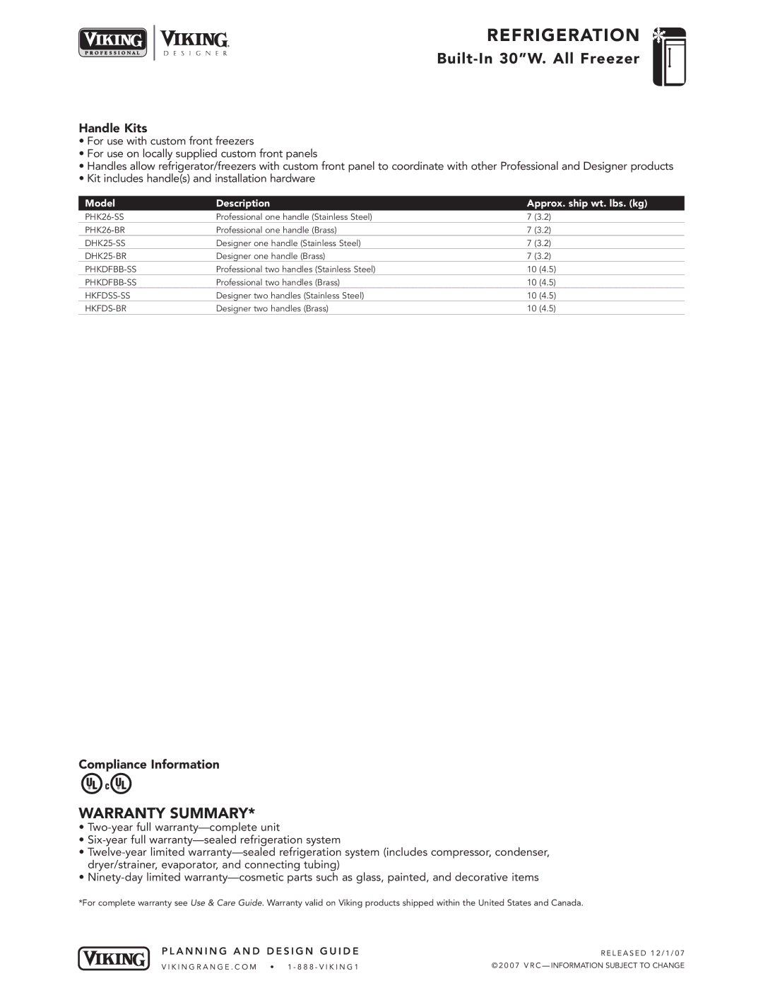 Viking DFFB, DDFB, VCFB specifications Handle Kits, Compliance Information 