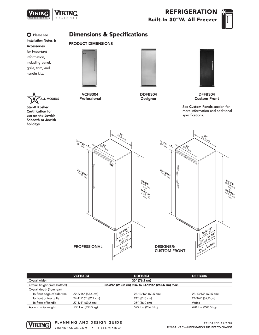 Viking VCFB, DFFB Dimensions & Specifications, Product Dimensions, 15/16”9, 1/16”5, Professional, Designer, Custom Front 