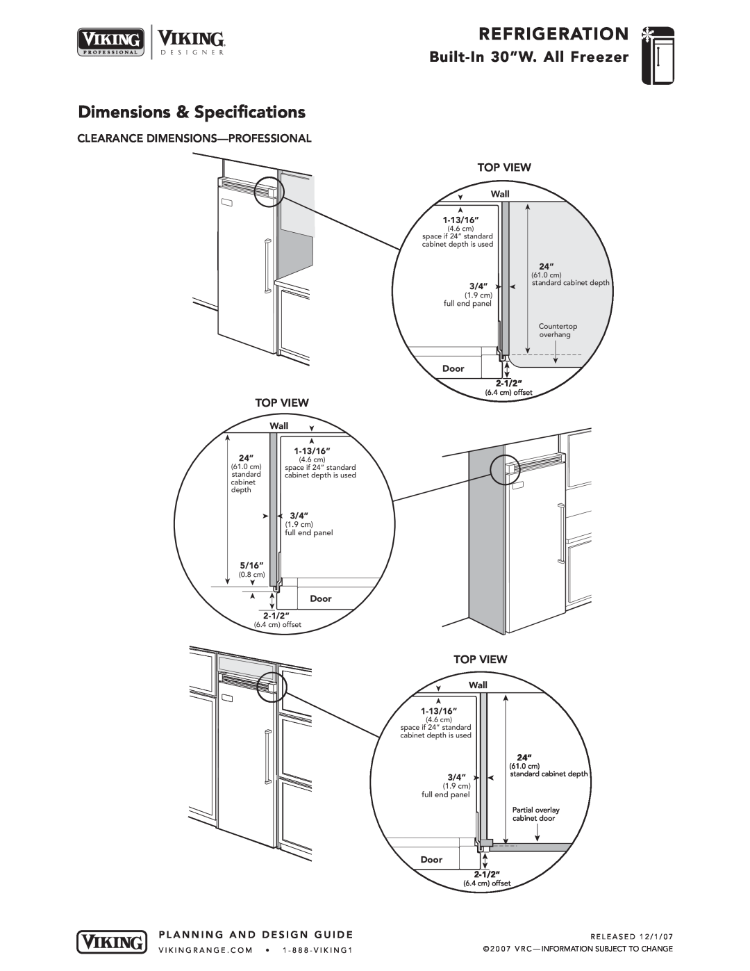 Viking DDFB Clearance Dimensions-Professional, Top View, Dimensions & Specifications, Refrigeration, Wall, 1-13/16”, 3/4” 