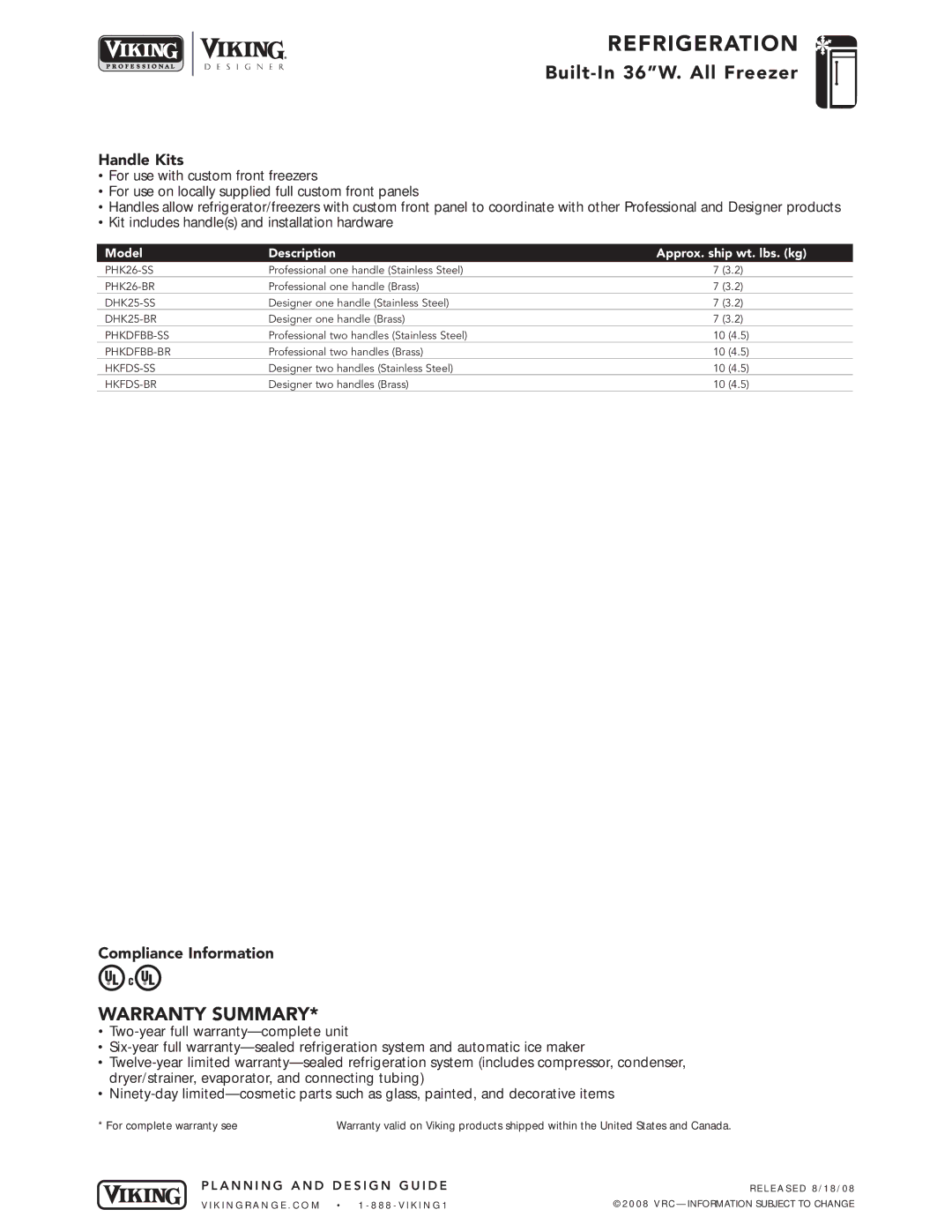 Viking DFFB364 specifications Handle Kits, Compliance Information 