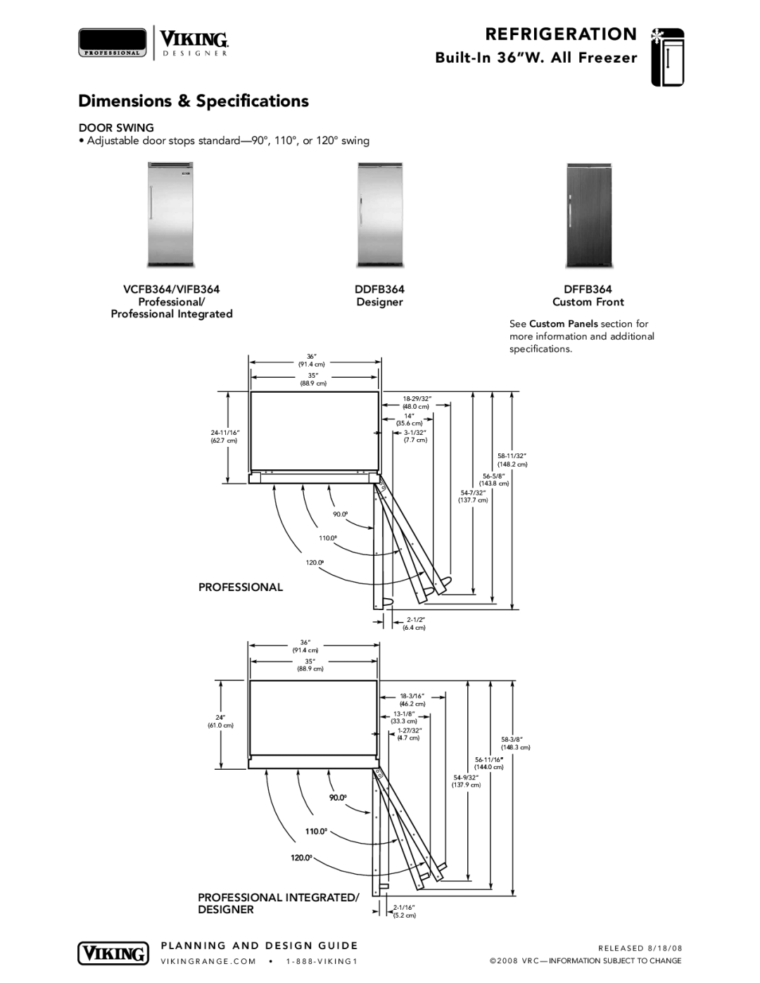 Viking specifications Door Swing, VCFB364/VIFB364 DDFB364 DFFB364, Professional INTEGRATED/ Designer 