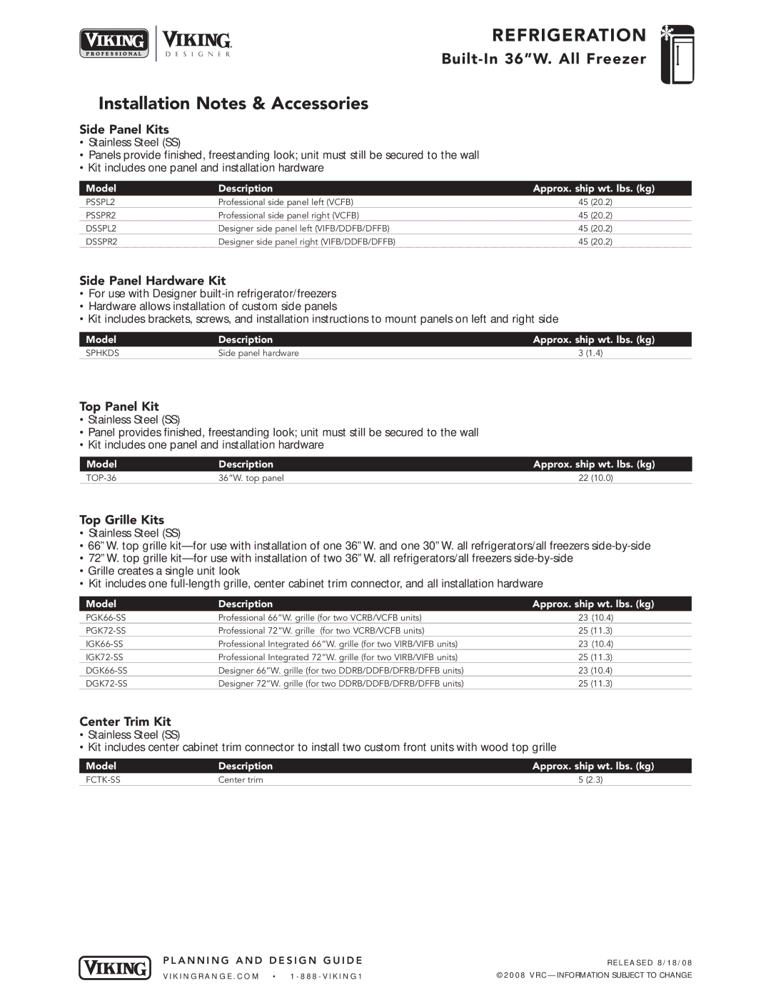 Viking DFFB364 specifications Installation Notes & Accessories 