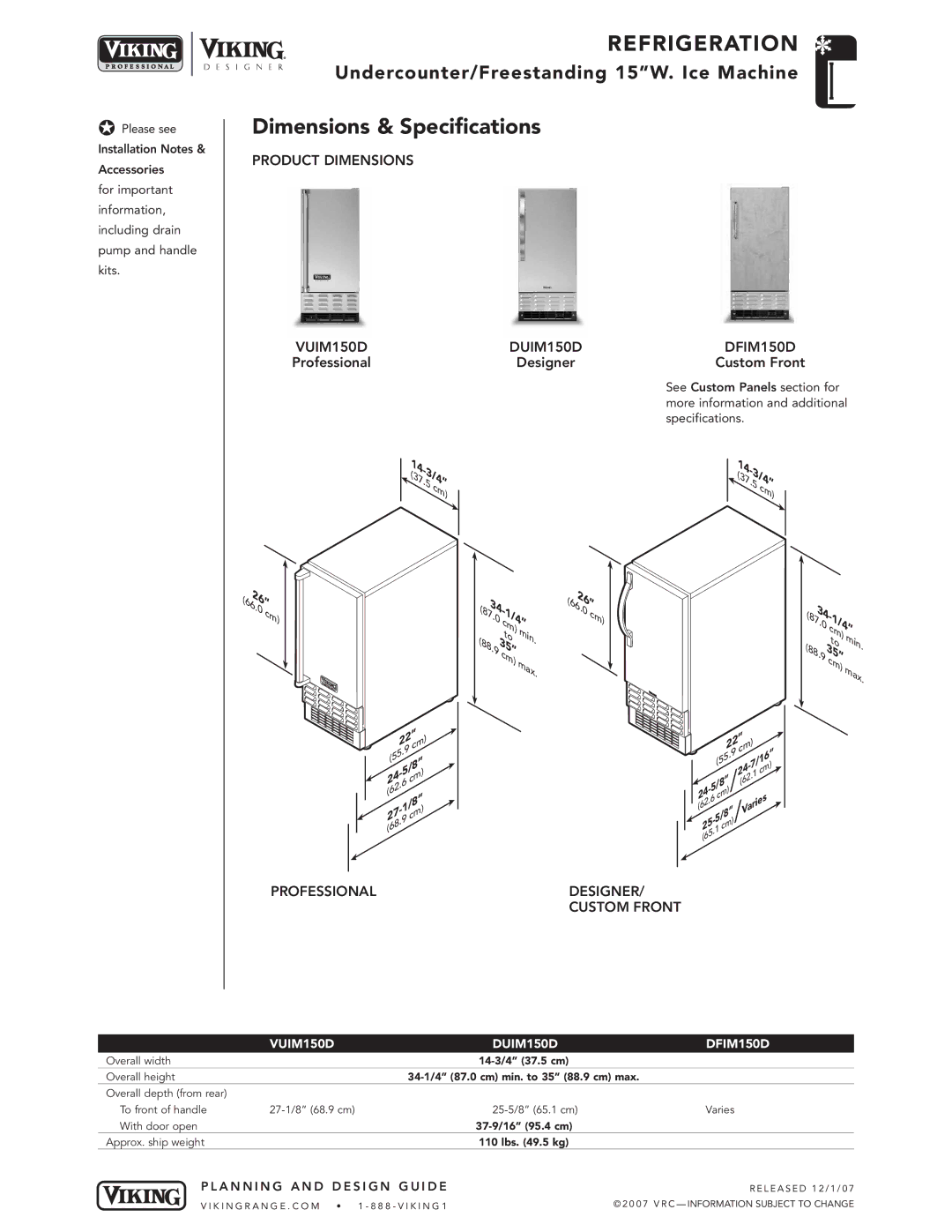 Viking specifications Dimensions & Specifications, 53/4, Product Dimensions VUIM150D DUIM150D DFIM150D, Professional 