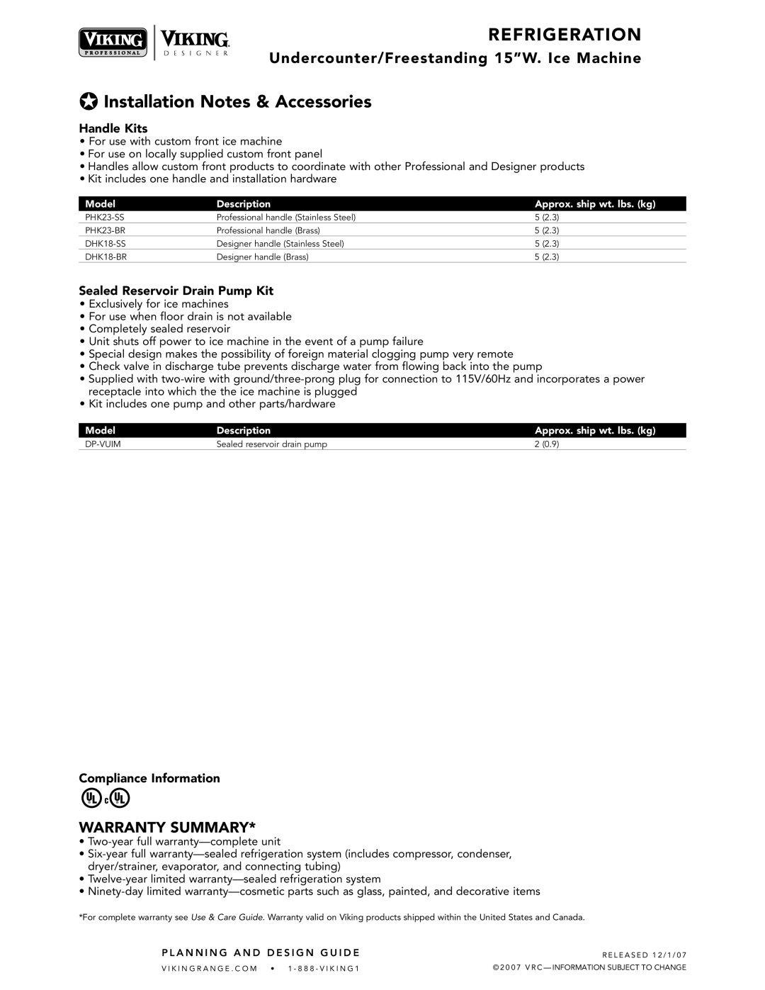 Viking VUIM150D Installation Notes & Accessories, Handle Kits, Sealed Reservoir Drain Pump Kit, Compliance Information 