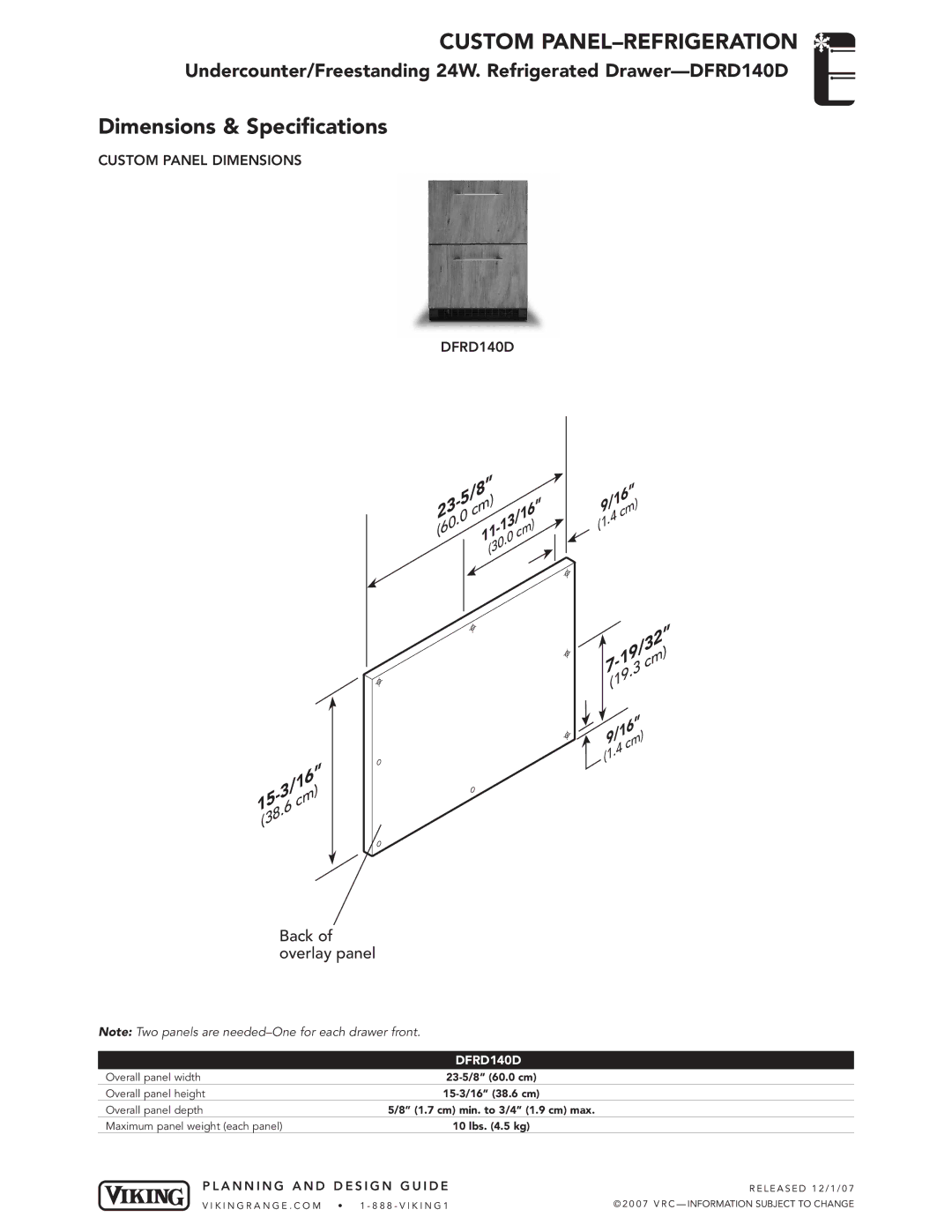 Viking DFRD140D dimensions Custom PANEL-REFRIGERATION, Dimensions & Specifications, 19/32, Back of overlay panel 