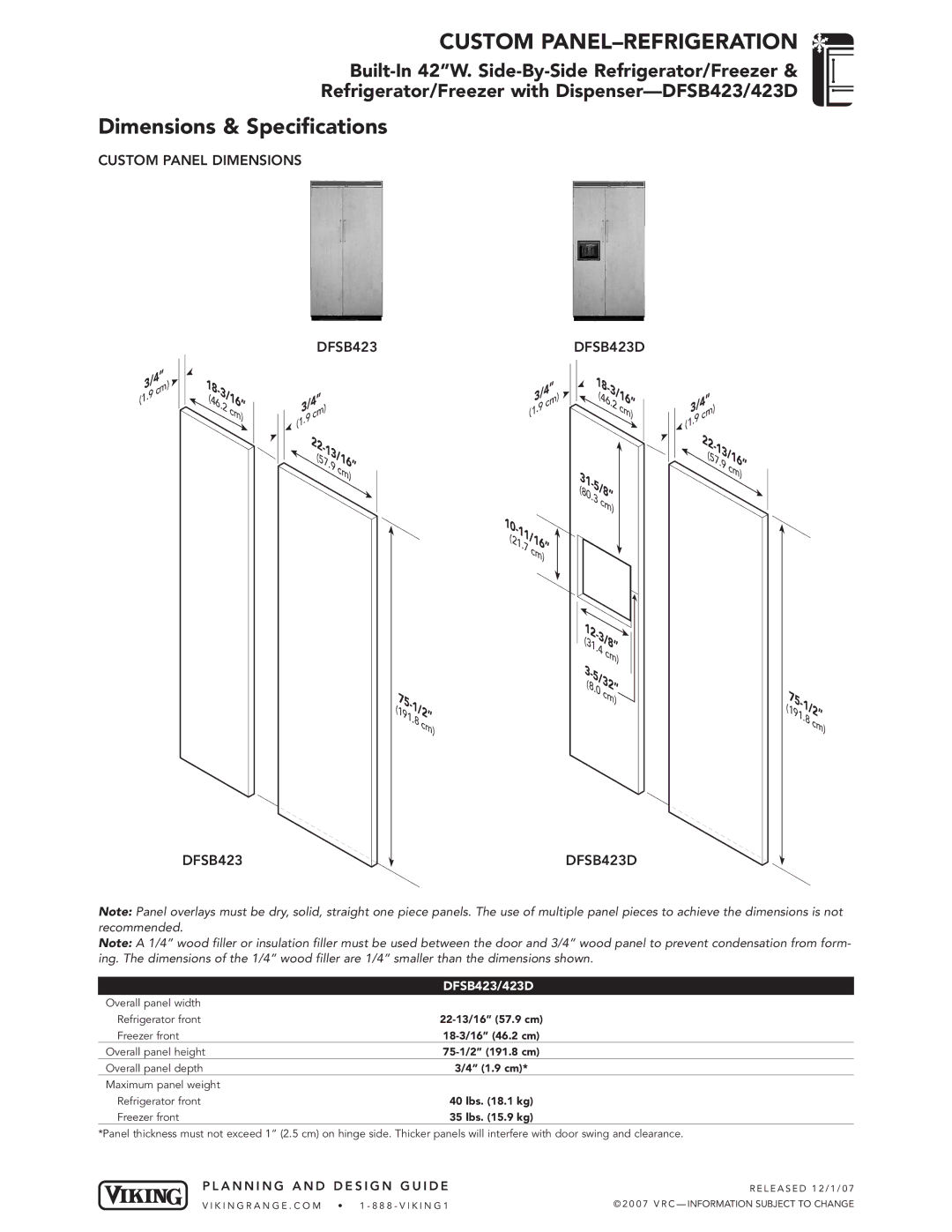 Viking DFSB423/423D dimensions Custom PANEL-REFRIGERATION, Dimensions & Specifications, Custom Panel Dimensions, DFSB423D 