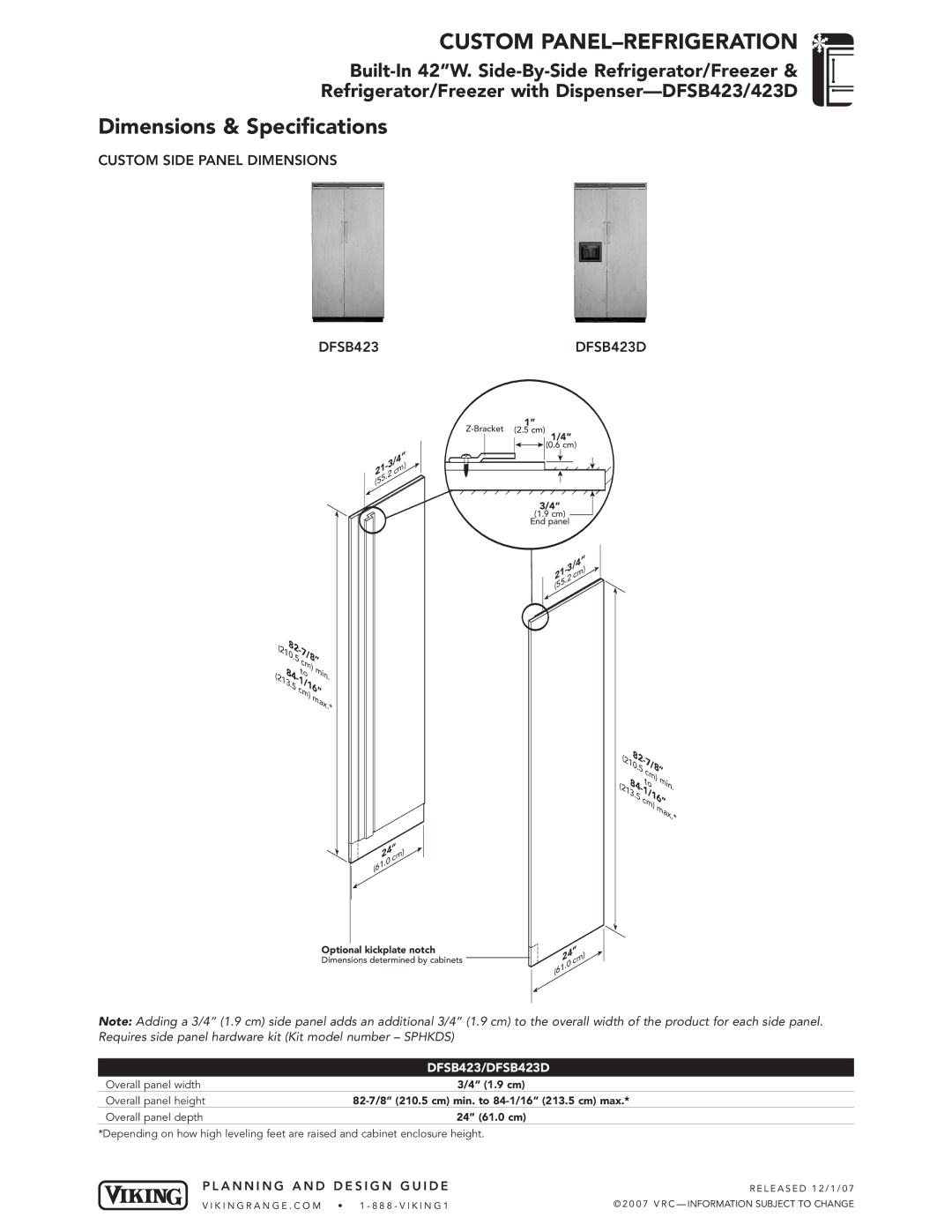 Viking DFSB423/423D dimensions Custom Side Panel Dimensions DFSB423DFSB423D, DFSB423/DFSB423D 