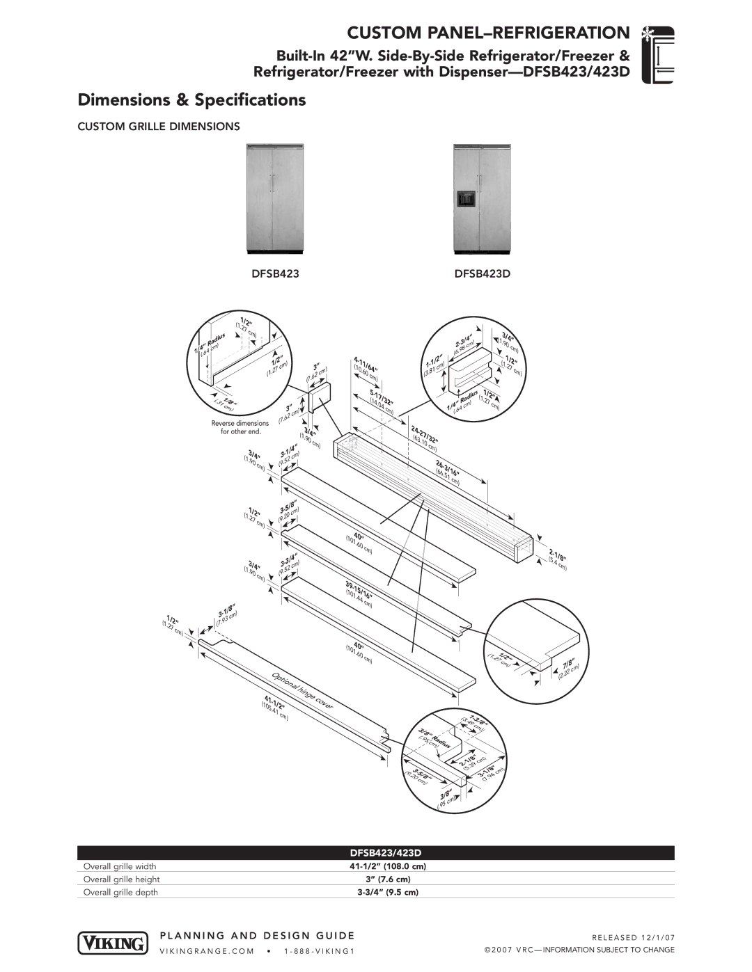 Viking DFSB423/423D dimensions Custom Grille Dimensions DFSB423DFSB423D 