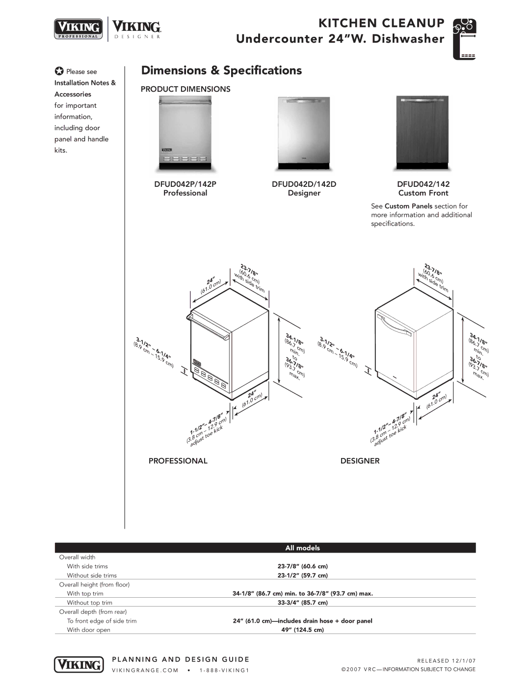 Viking DFUD042/142* Professional Undercounter 24W. Dishwasher Dimensions & Specifications, Product Dimensions, Designer 