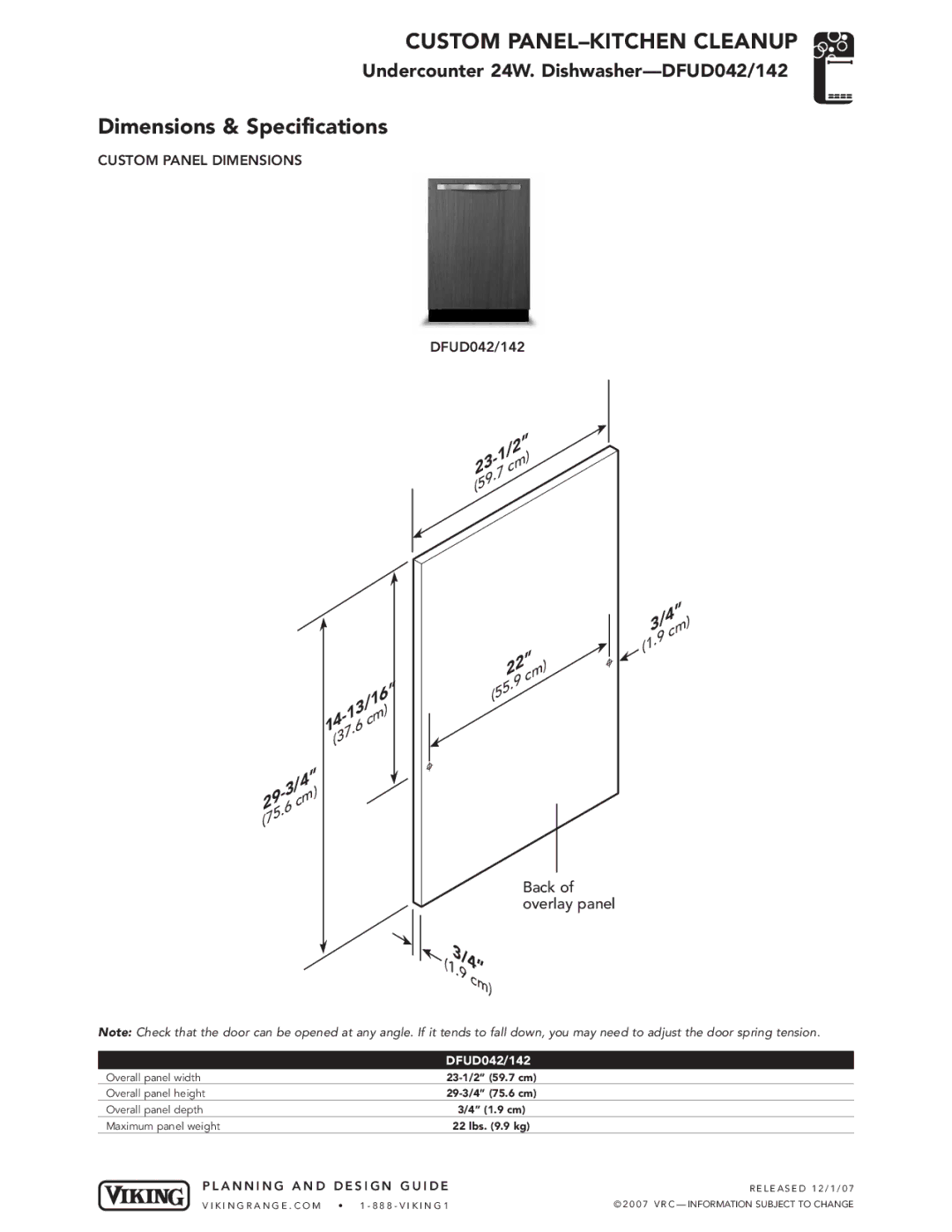 Viking DFUD042/142 dimensions Custom PANEL-KITCHEN Cleanup, Dimensions & Specifications, Back of overlay panel 