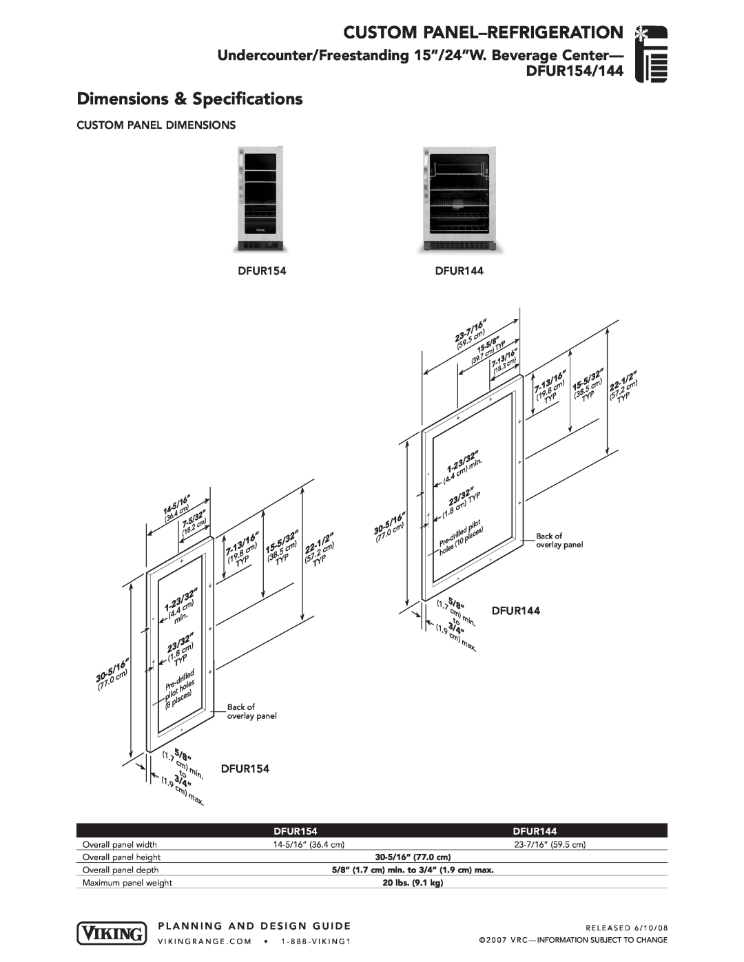 Viking DFUR144 dimensions Custom Panel-Refrigeration, Dimensions & Specifications 