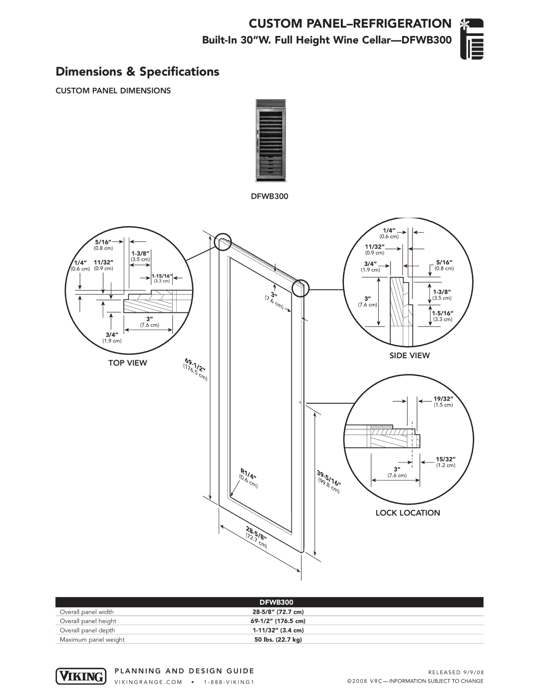 Viking DFWB300 dimensions Custom PANEL-REFRIGERATION, Dimensions & Specifications 