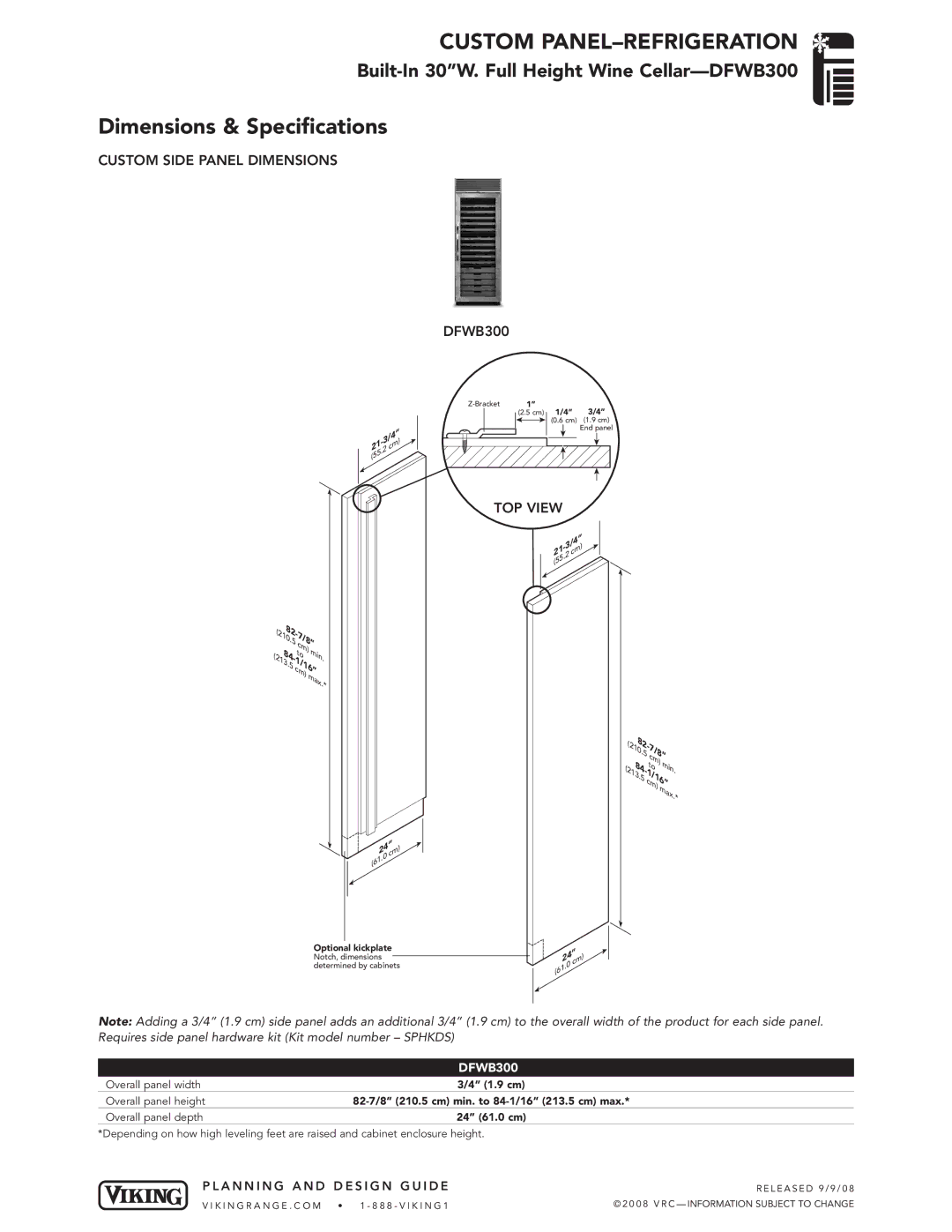 Viking dimensions Custom Side Panel Dimensions DFWB300 