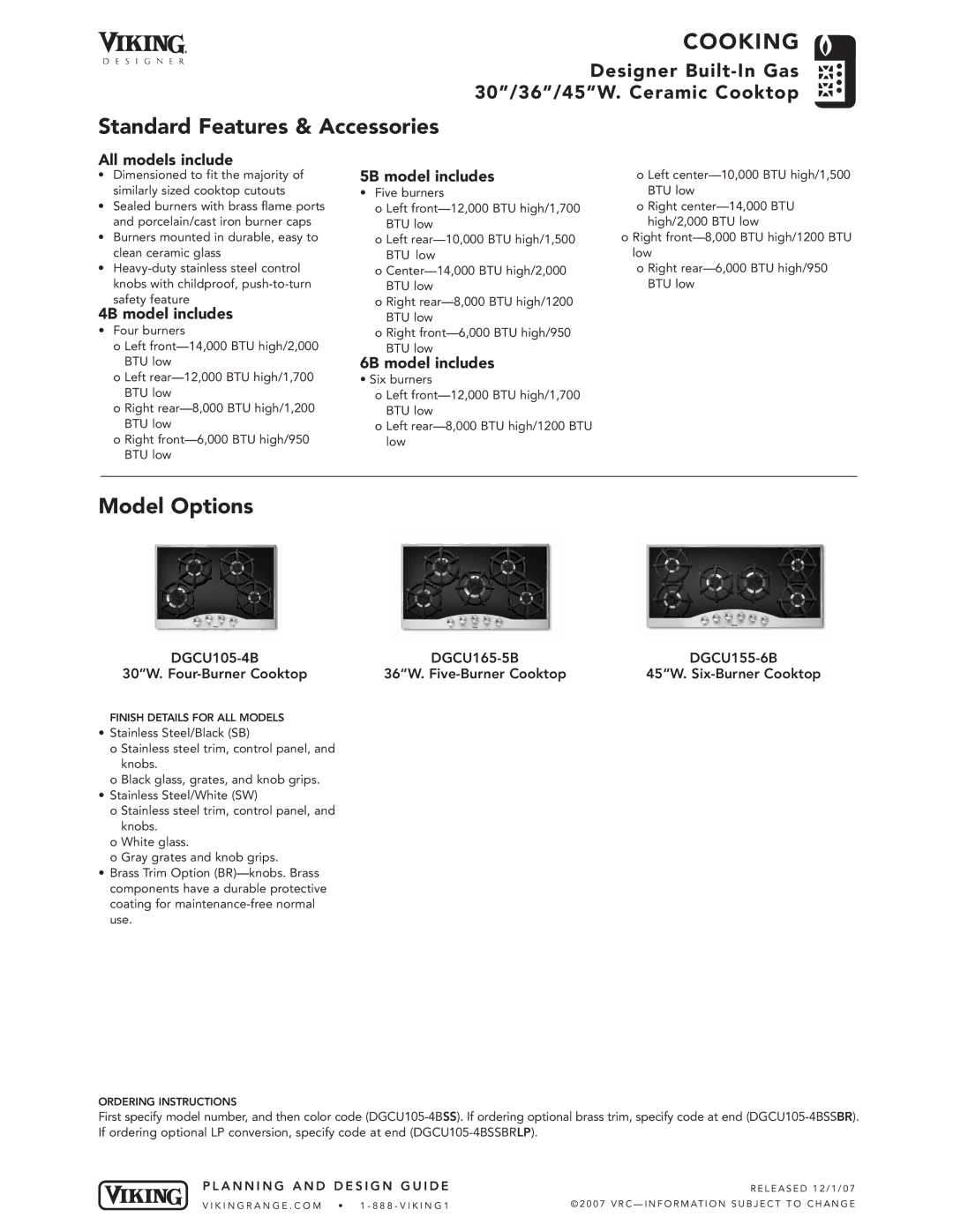 Viking DGCU105-4B manual Standard Features & Accessories, Model Options 