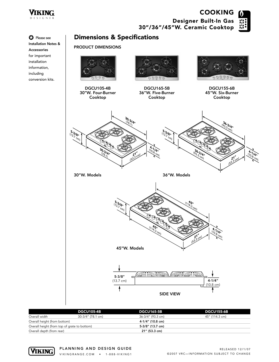 Viking DGCU105-4B manual Dimensions & Specifications, Product Dimensions, Side View 