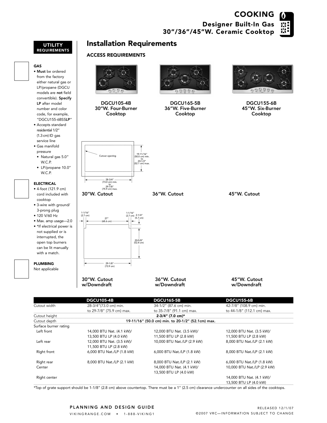 Viking DGCU105-4B manual Installation Requirements, Utility 