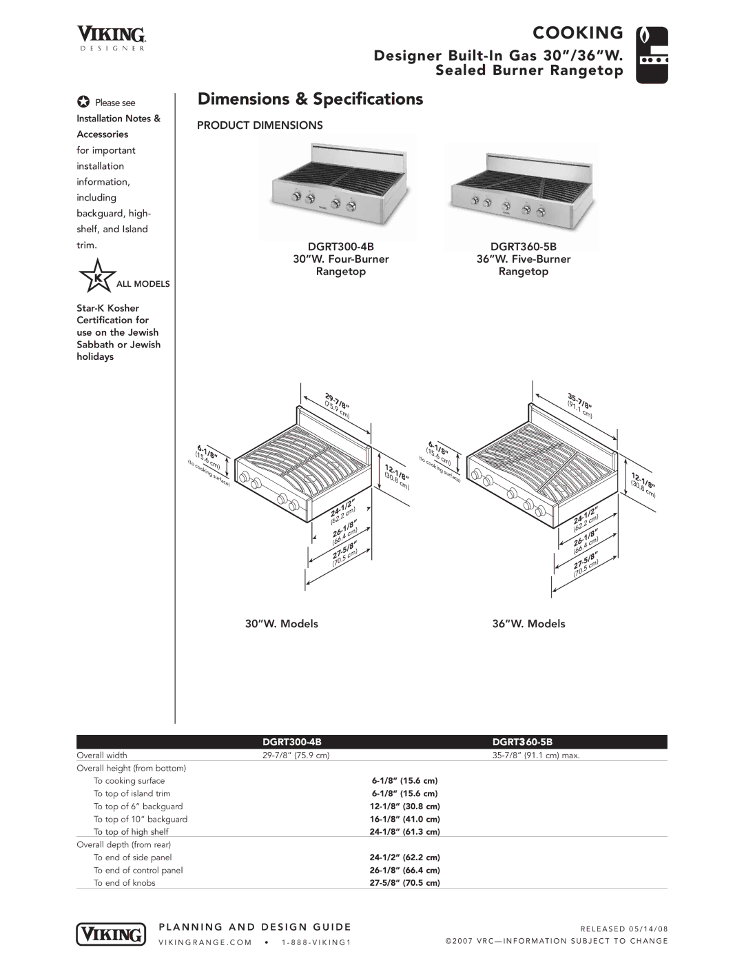 Viking DGRT300-4B, DGRT360-5B manual Dimensions & Specifications, Planning Design Guide 