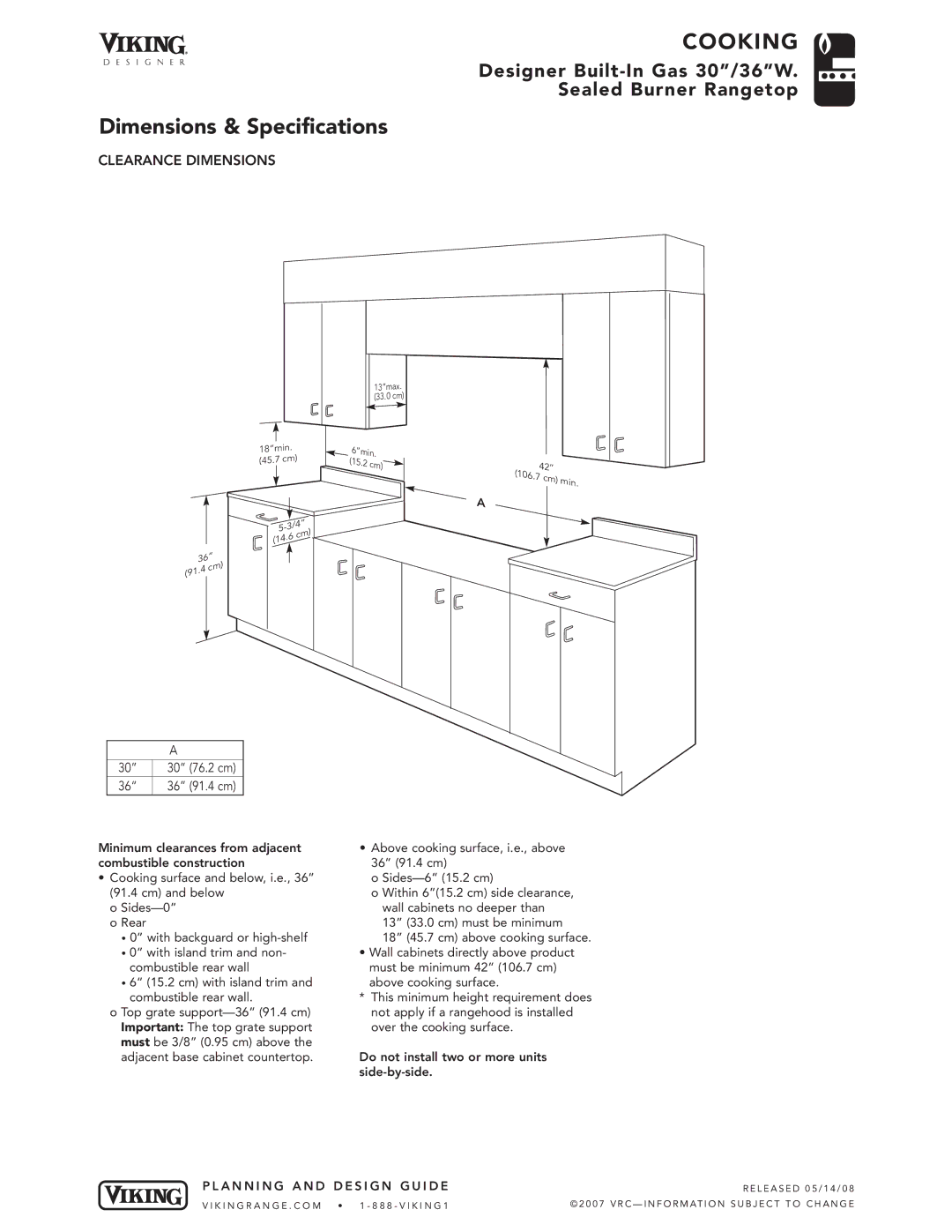 Viking DGRT360-5B, DGRT300-4B manual Clearance Dimensions 