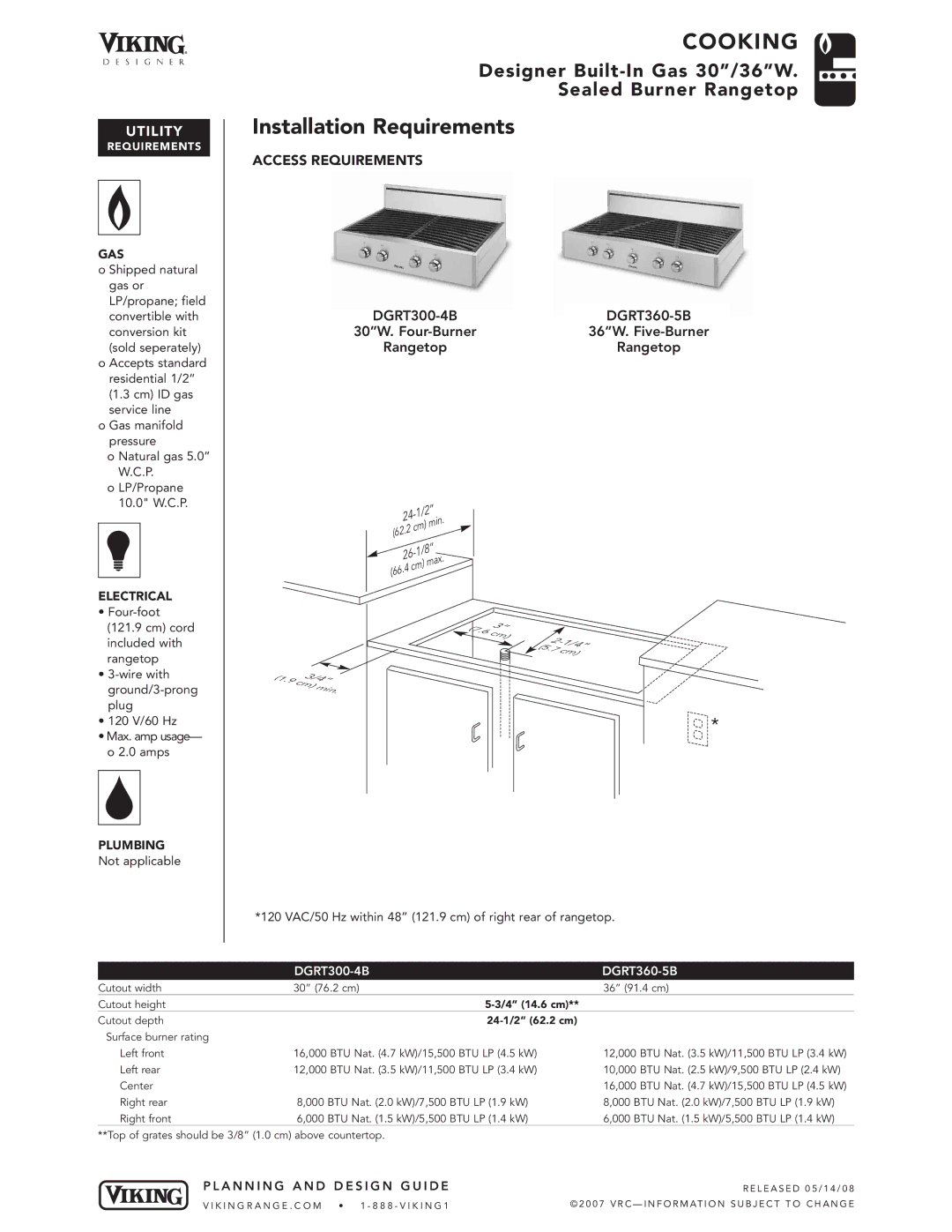 Viking DGRT300-4B, DGRT360-5B manual Installation Requirements, Gas, Electrical, Plumbing 