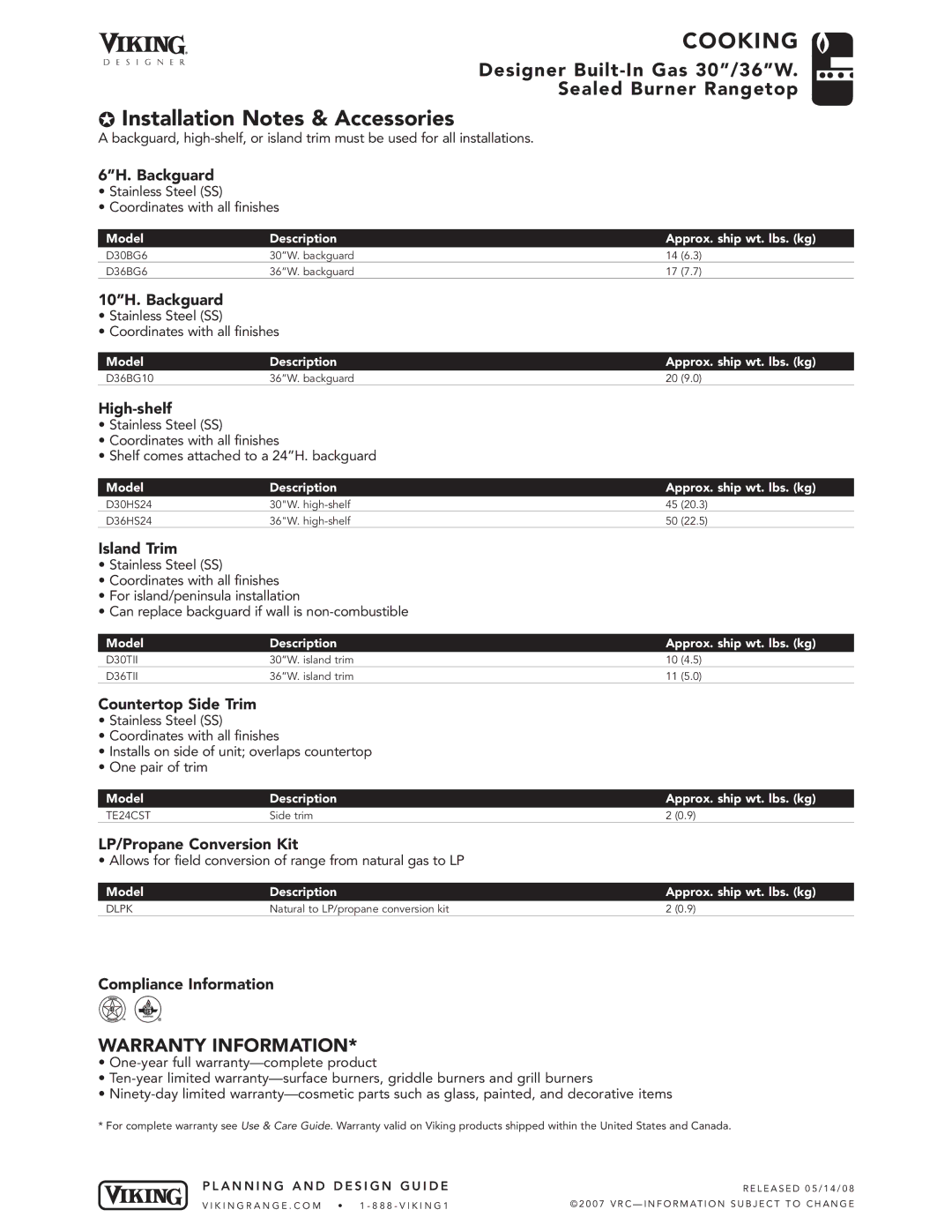 Viking DGRT360-5B, DGRT300-4B manual Installation Notes & Accessories 