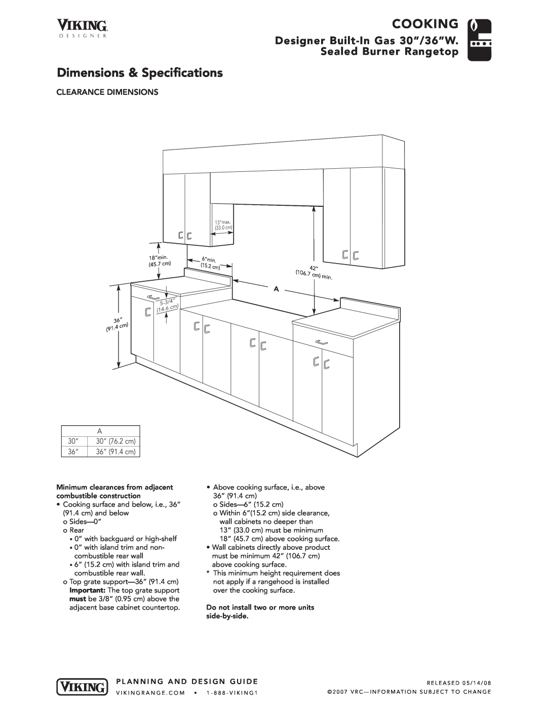 Viking DGRT360-5B manual Designer B uil t-I n Ga s 3 0”/ 36”W Seale d Bu rner R angeto p, Clearance Dimensions, Cooking 