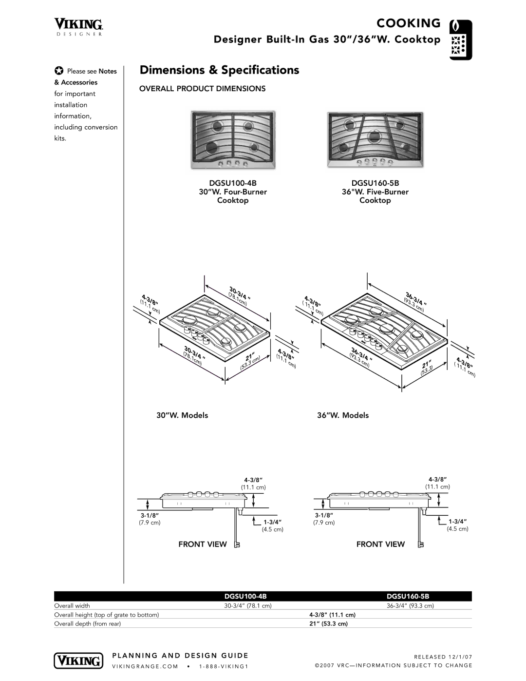 Viking DGSU100-4B manual Dimensions & Specifications, 30W. Four-Burner 36W. Five-Burner Cooktop, 30W. Models 36W. Models 