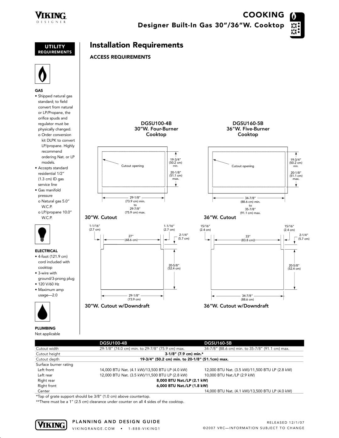 Viking DGSU100-4B Installation Requirements, 30W. Cutout 36W. Cutout, 30W. Cutout w/Downdraft 36W. Cutout w/Downdraft 