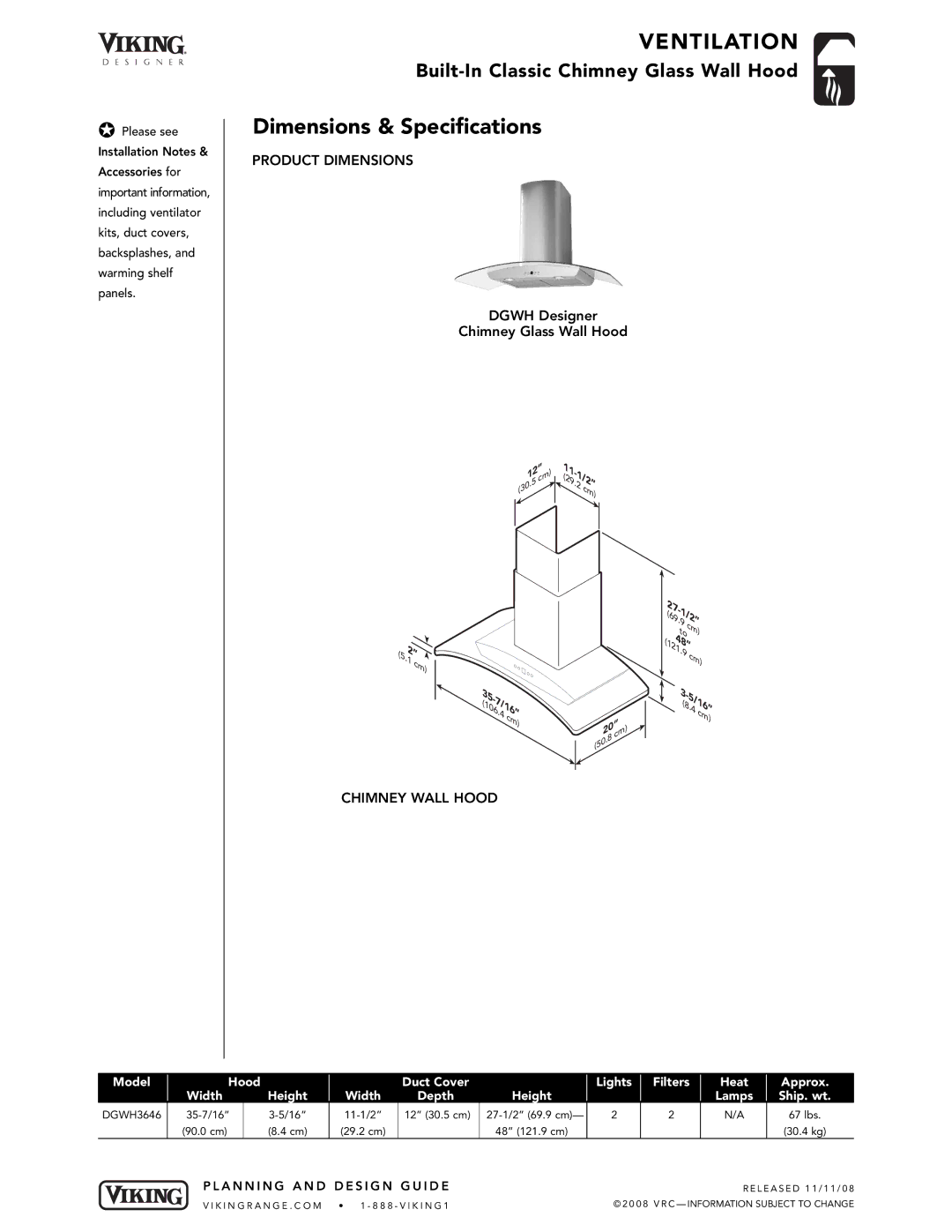 Viking DGWH dimensions Dimensions & Specifications, Chimney Wall Hood 