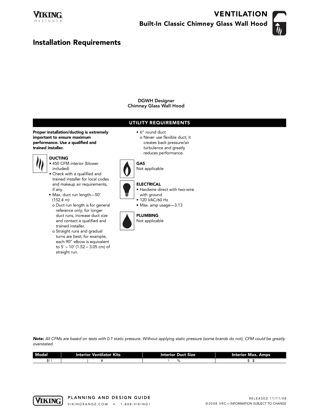 Viking DGWH dimensions Installation Requirements, Ducting 