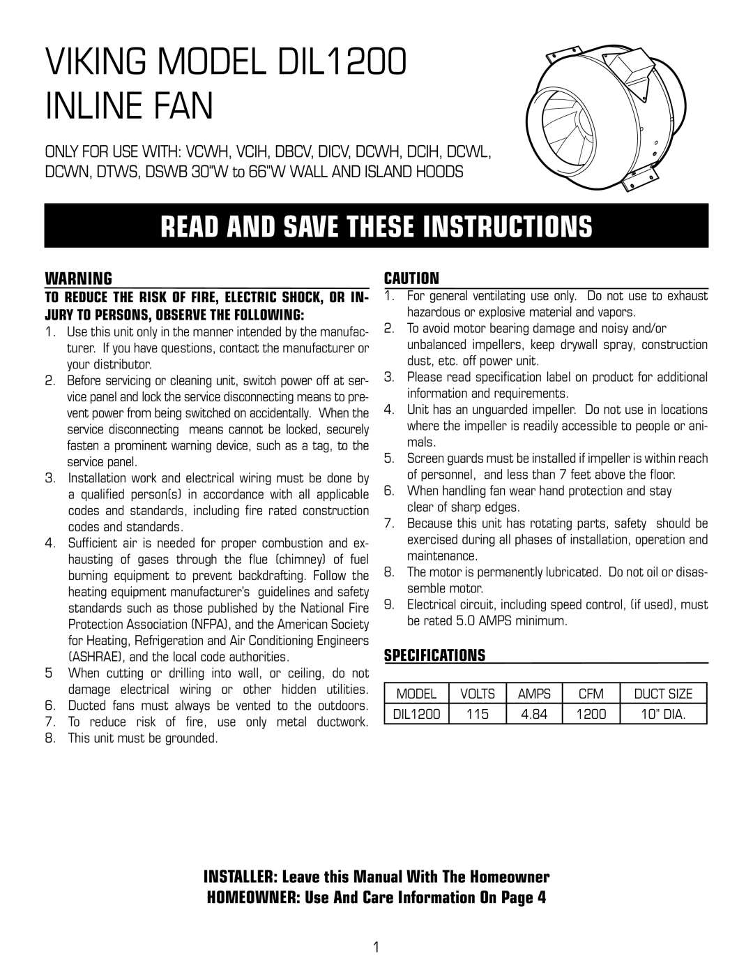 Viking specifications Viking Model DIL1200 Inline FAN 